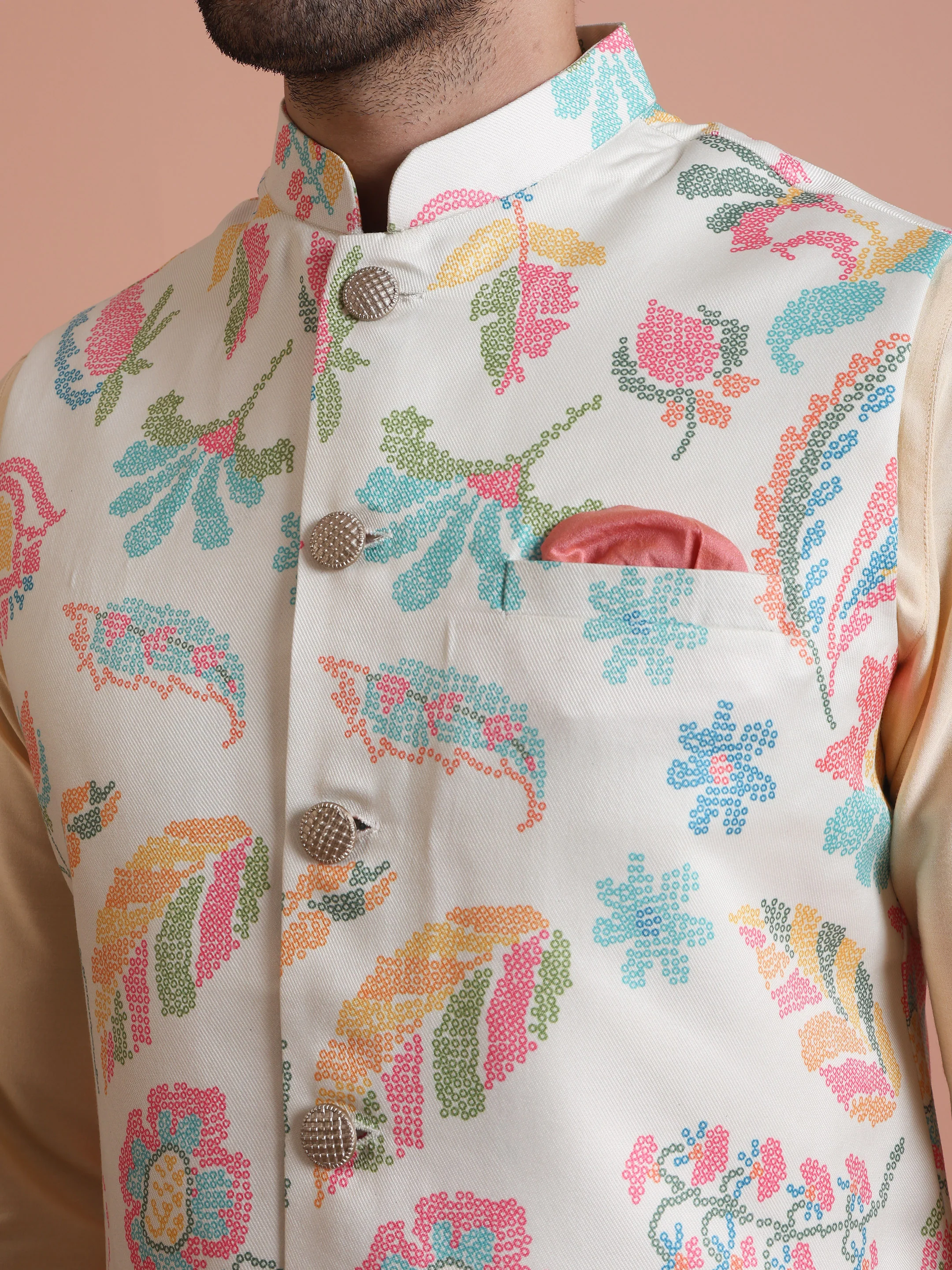 Beige Digital Print Cotton Blend Kurta Jacket Set - Image 5