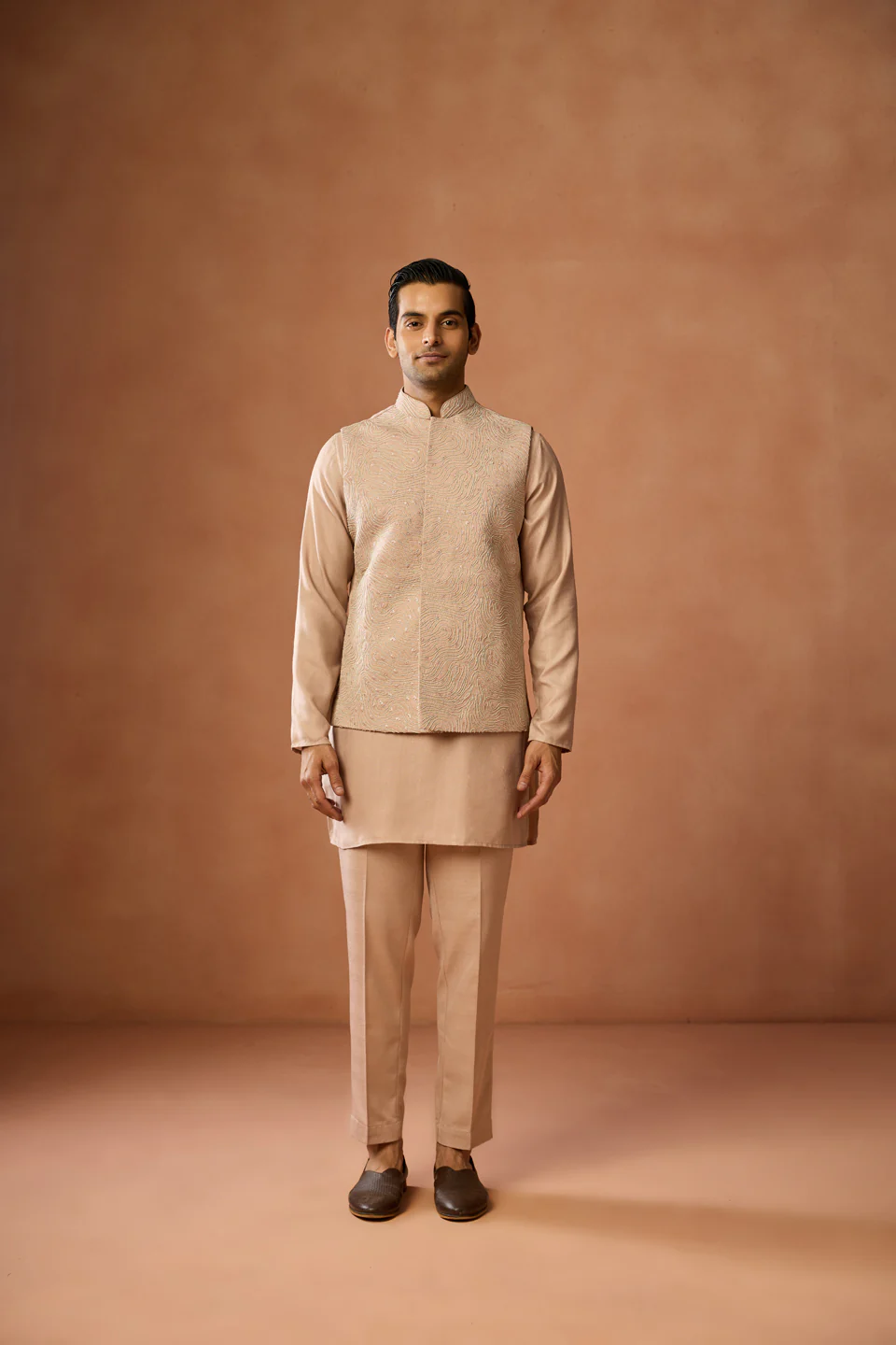 Beige Embroidered Jacket Kurta Set - Image 3