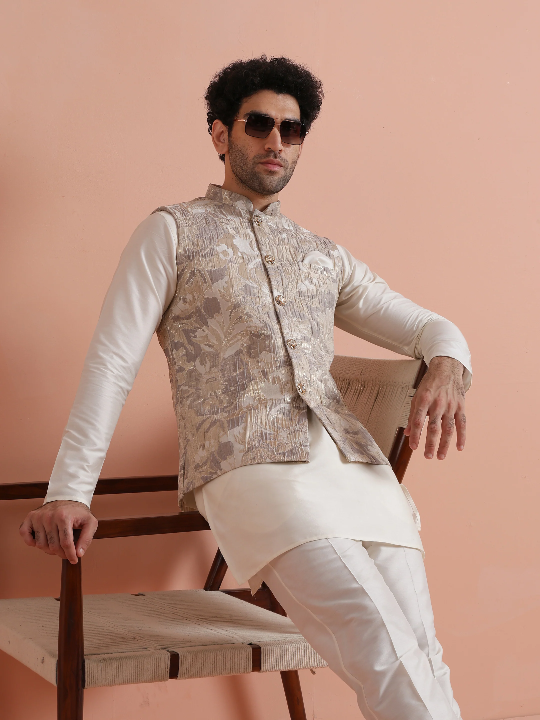 Mens Beige Floral Printed Nehru Jacket