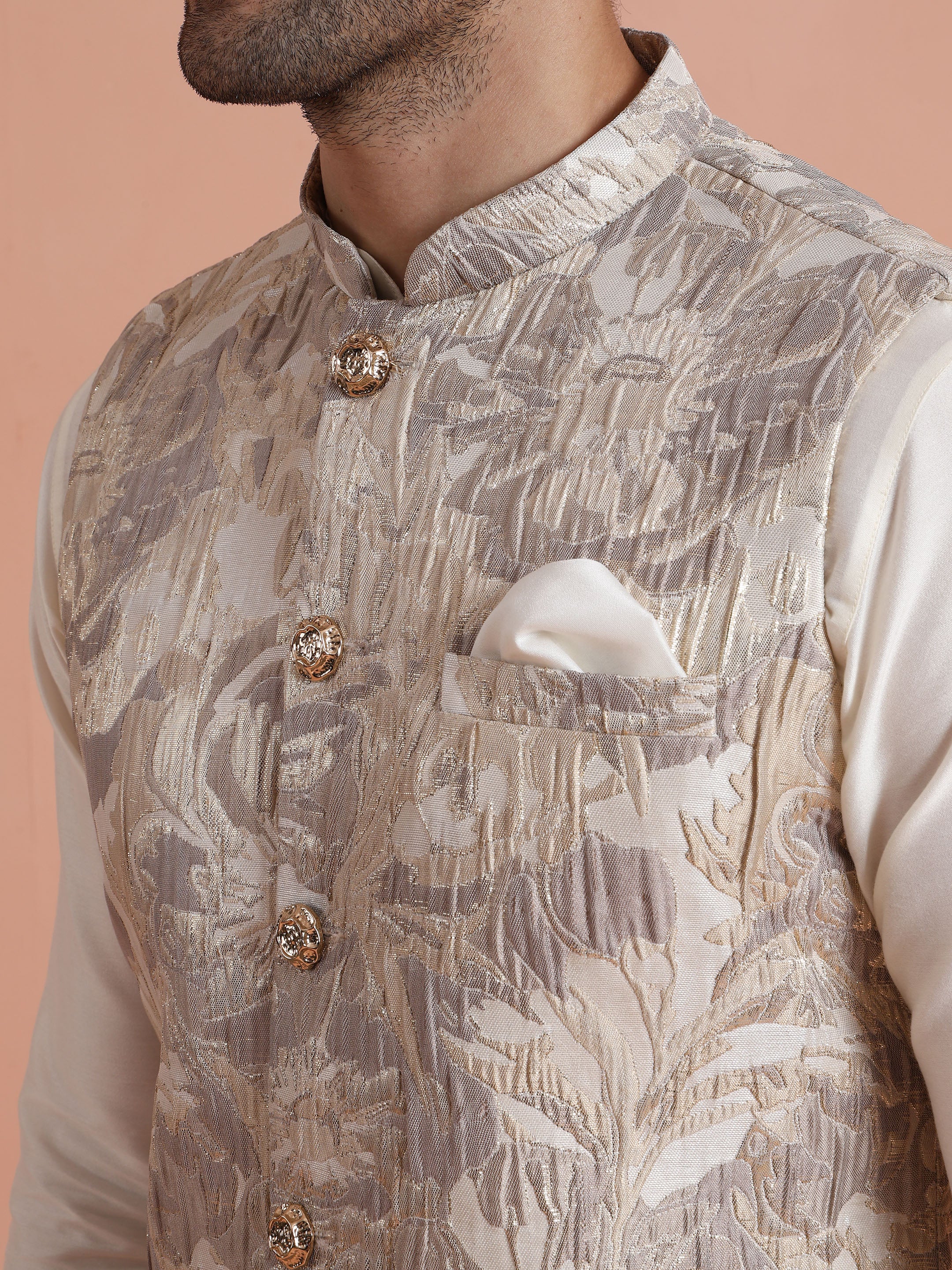 Mens Beige Floral Printed Nehru Jacket - Image 5