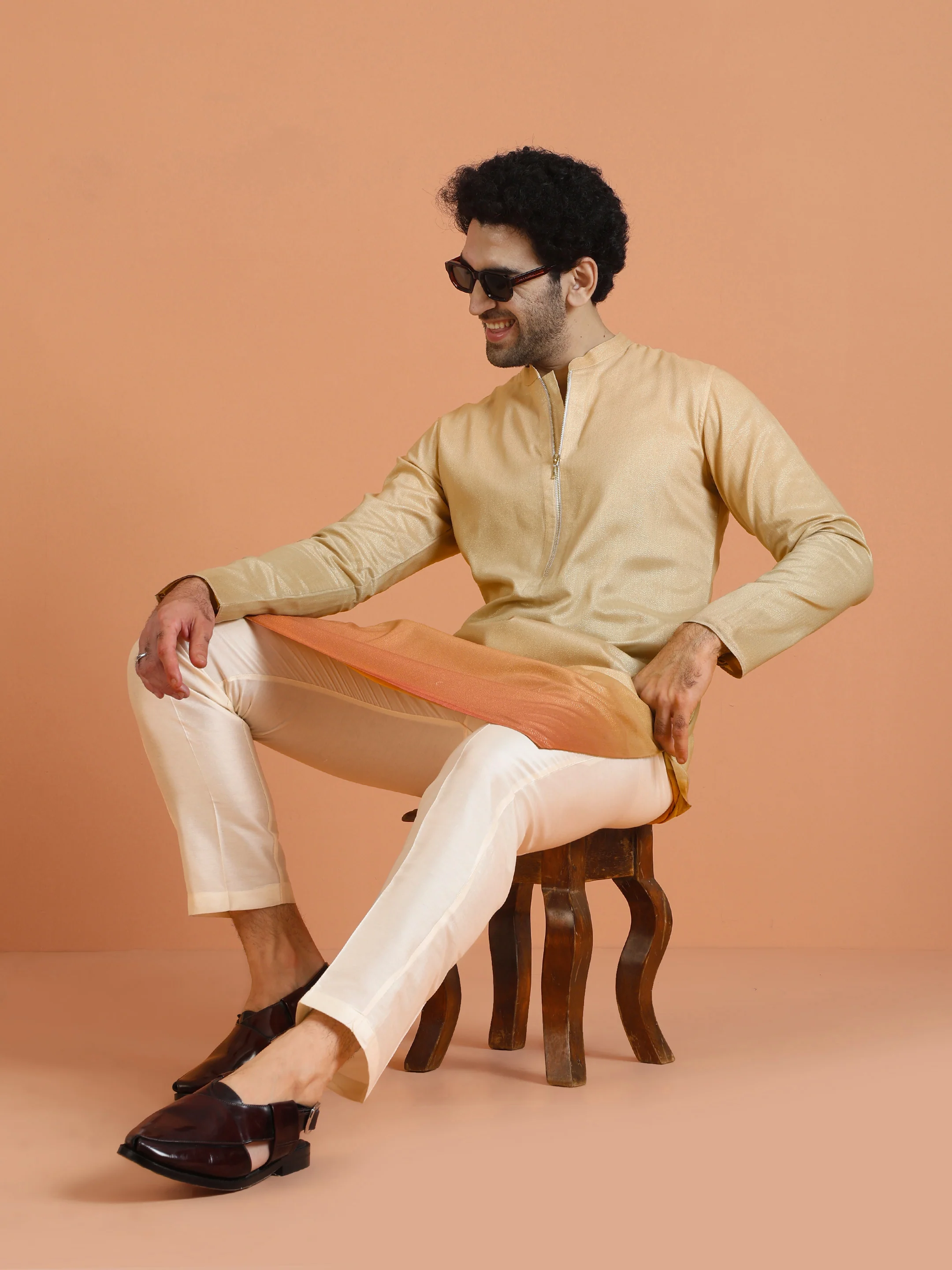 Beige Ombre Kurta with Zip Set