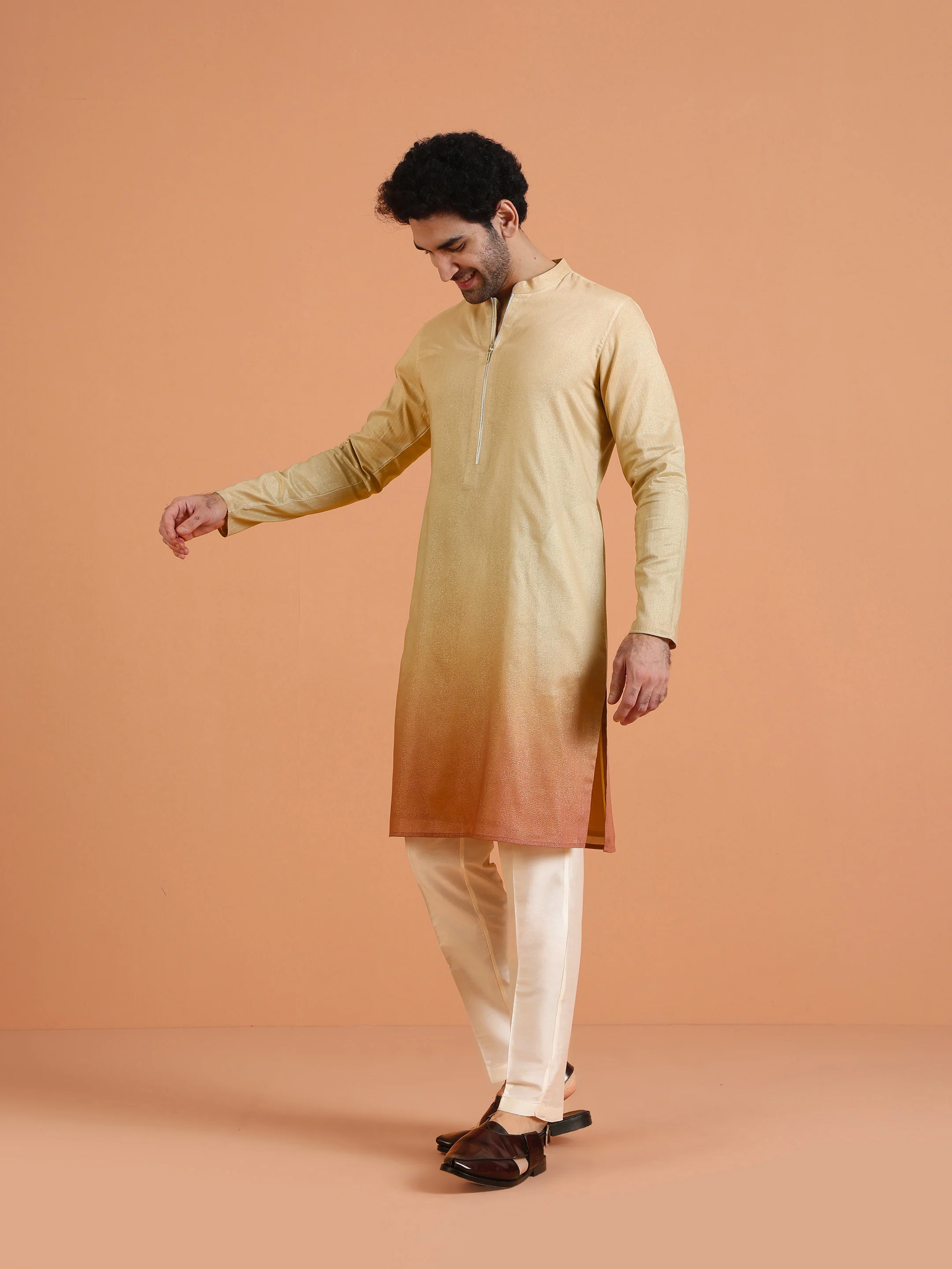 Beige Ombre Kurta with Zip Set - Image 3