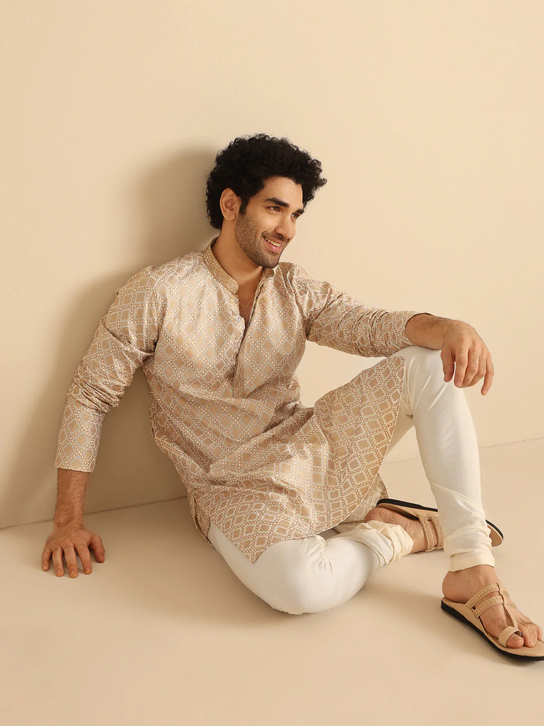 Beige Silk Blend Kurta Set with Intricate Jacquard Woven Pattern and Cream Churidar – Festive & Wedding Ensemble