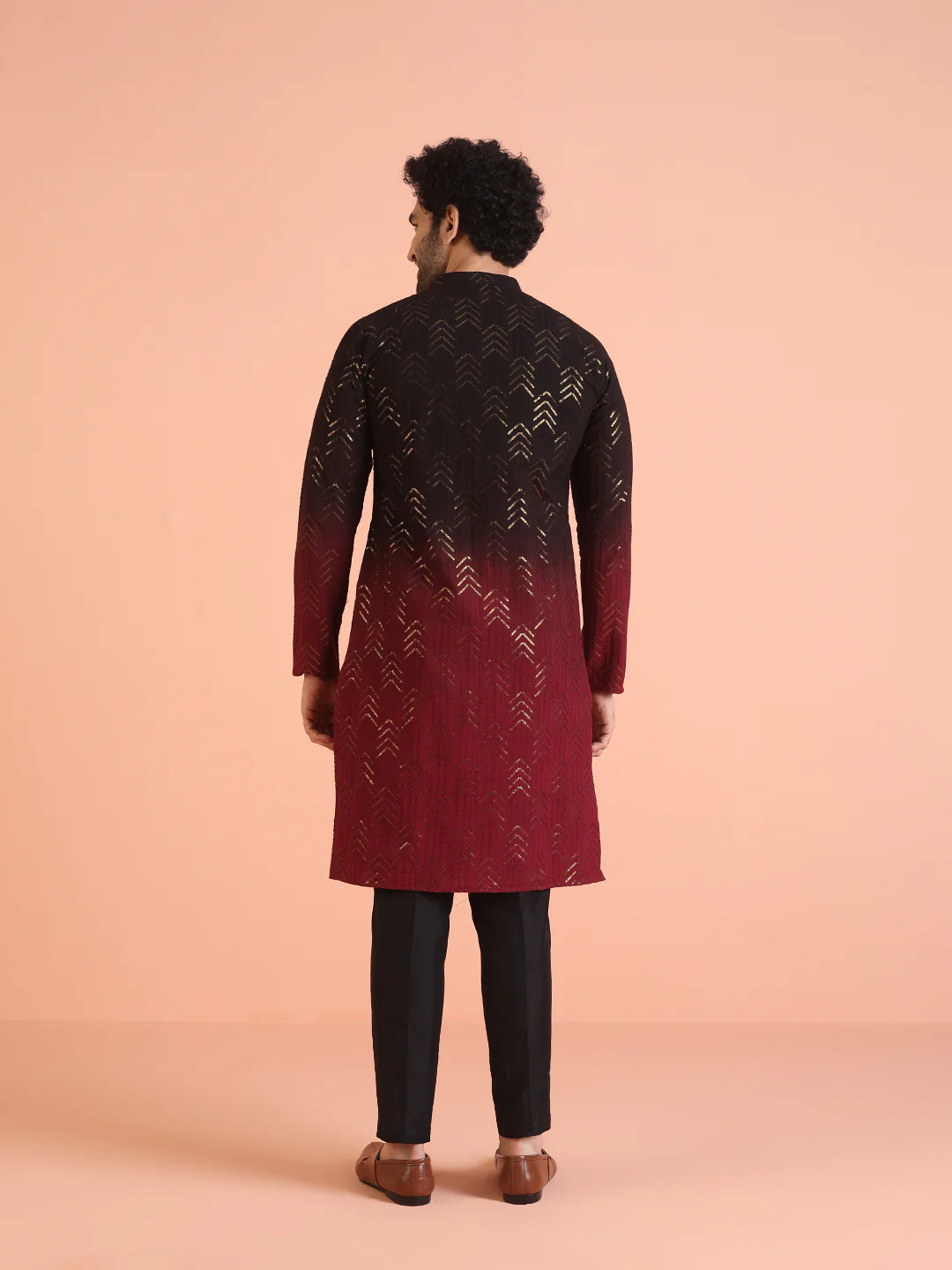 Black And Red Cotton Embellished Kurta Trouser Set - Image 4