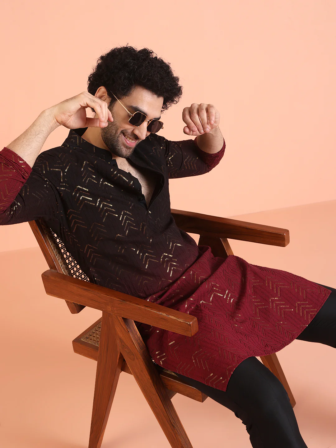 Black And Red Cotton Embellished Kurta Trouser Set - Image 7