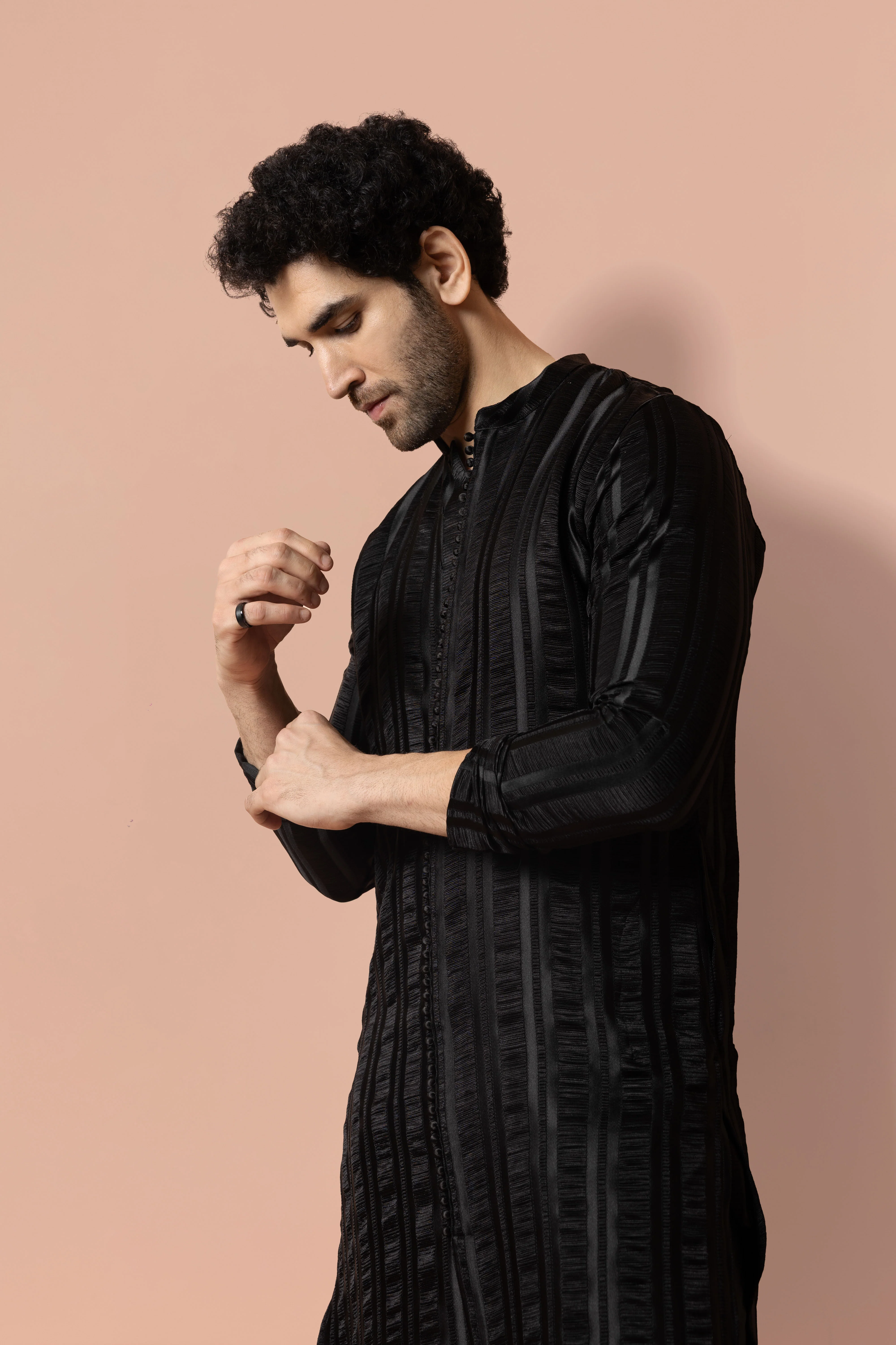 Black Blended Self Design Front Open Kurta Wide Leg Trouser Set - Image 4