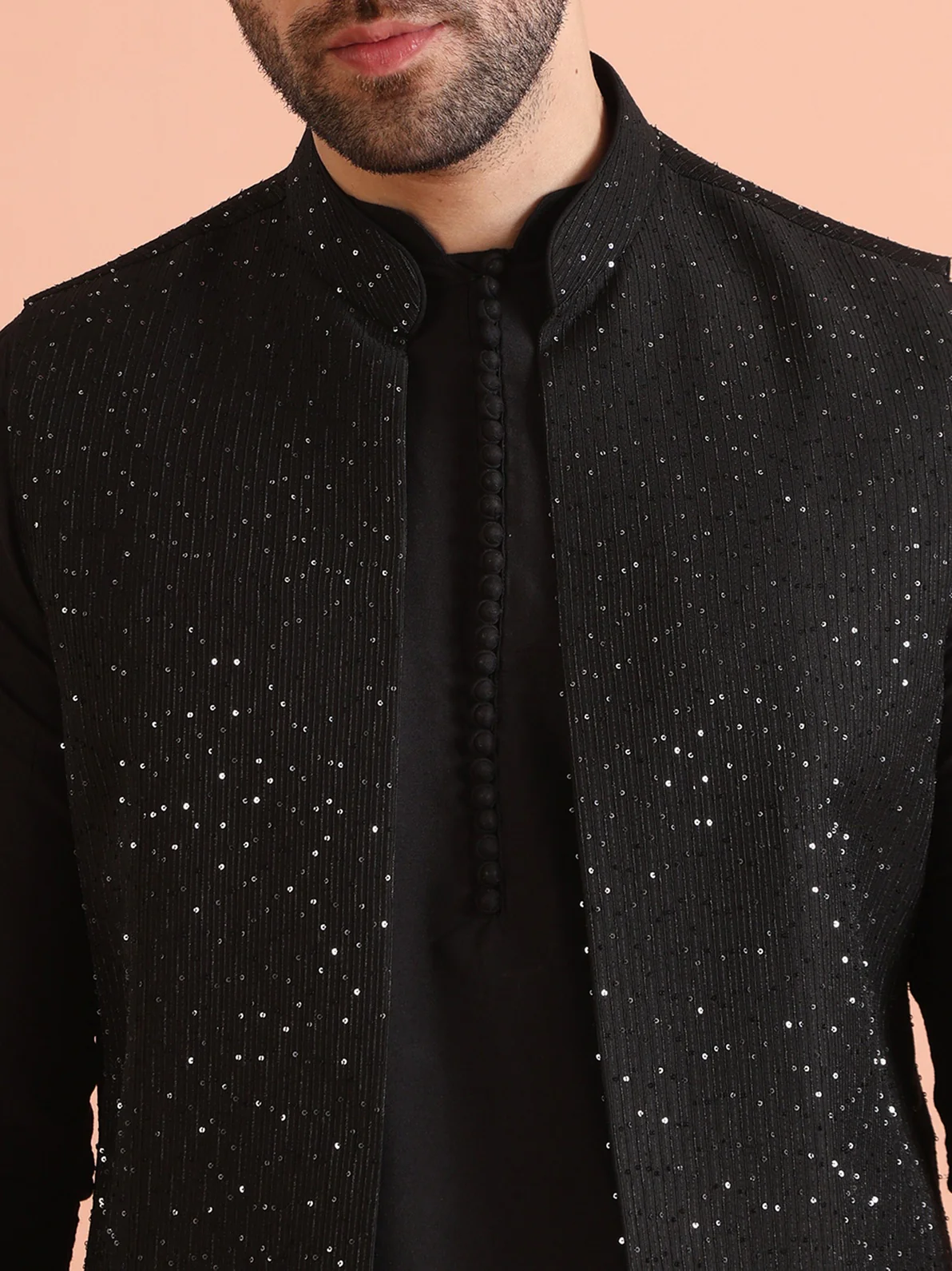 Black Blended Sequin Embellished Mid Kurta Front Open Jacket Wide Leg Trouser Set - Image 4