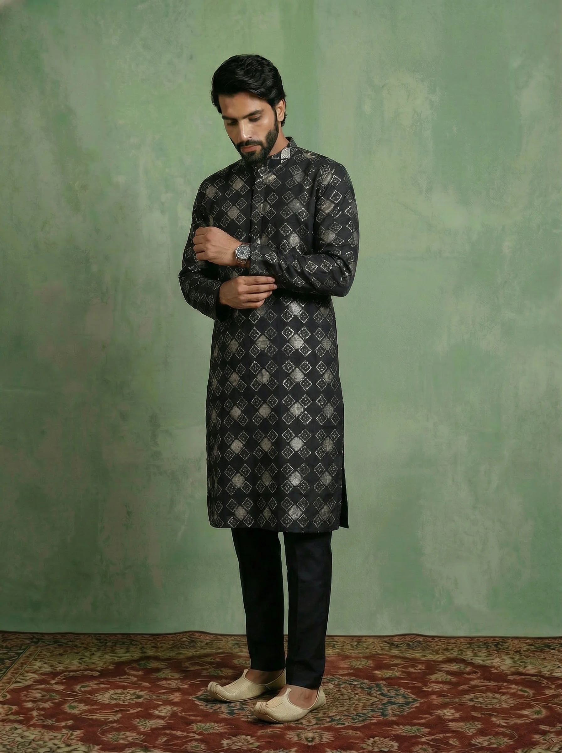 Black Chanderi Cotton Printed Kurta Trouser Set