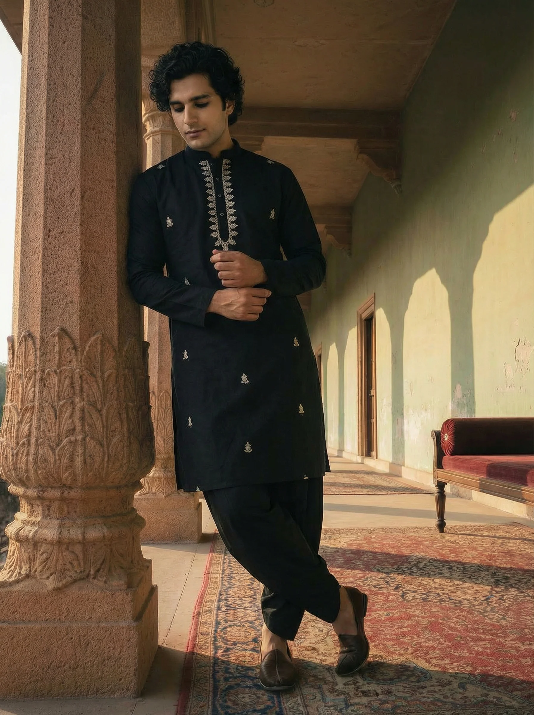 Black Cotton Blend Embroidered Kurta Dhoti Set