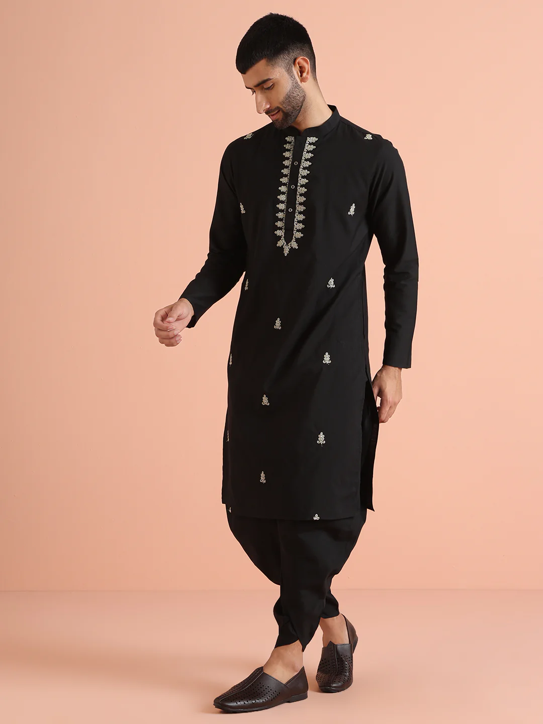 Black Cotton Blend Embroidered Kurta Dhoti Set - Image 3