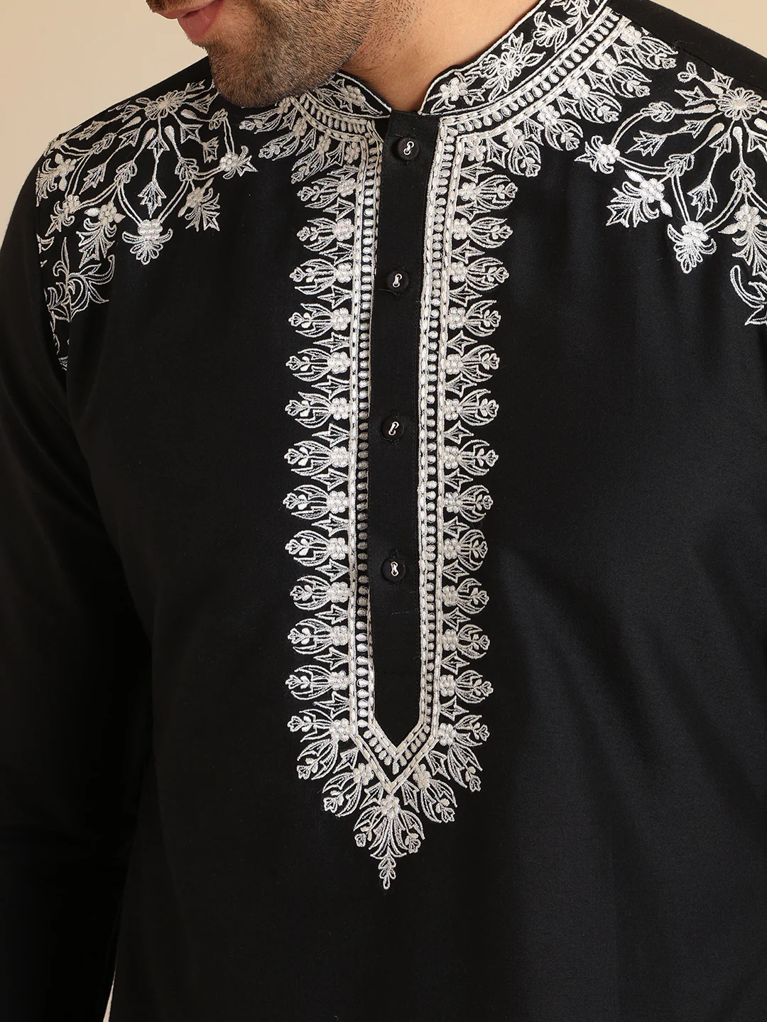 Black Cotton Blend Embroidered Kurta Patiyala Set - Image 5