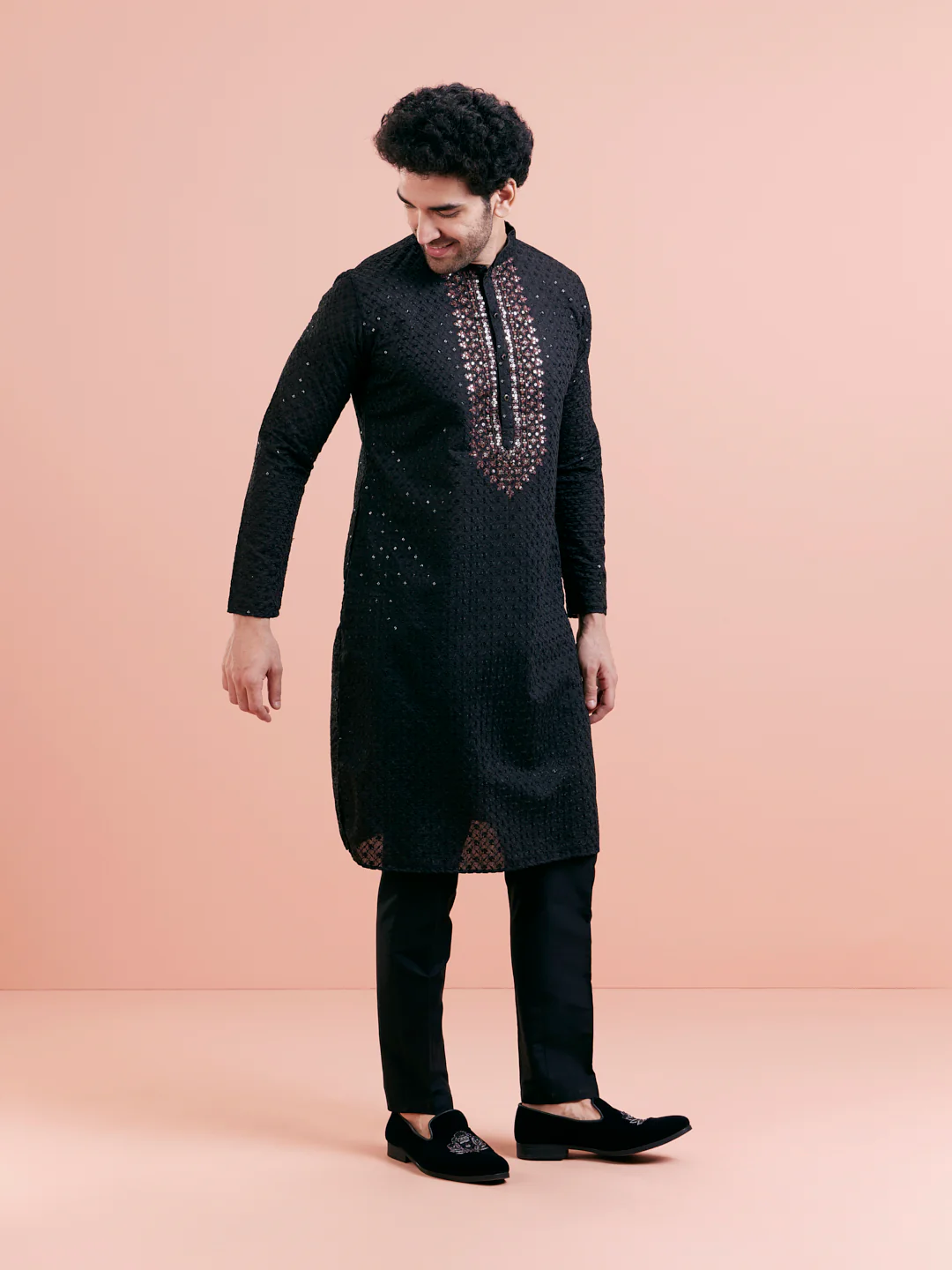 Black Cotton Blend Embroidered Kurta Trouser Set - Image 3