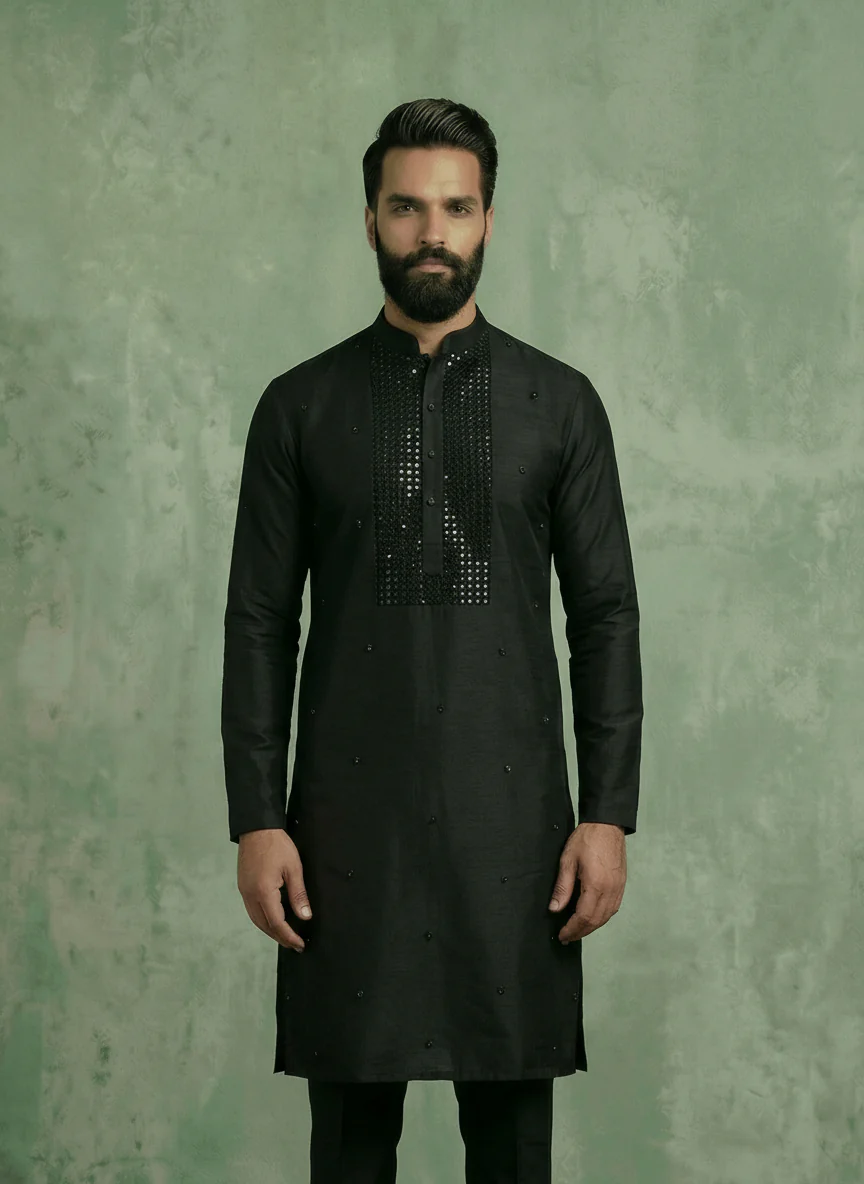 Black Cotton Blend Embroidered Long Kurta