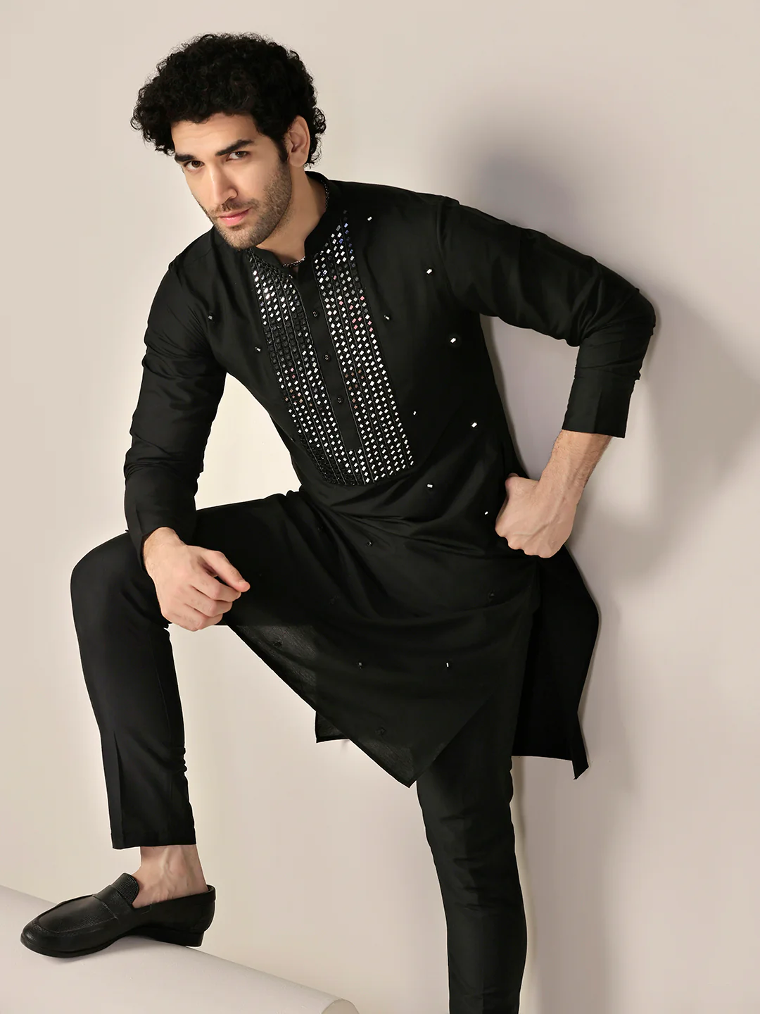 Black Cotton Blend Embroidered Long Kurta - Image 6