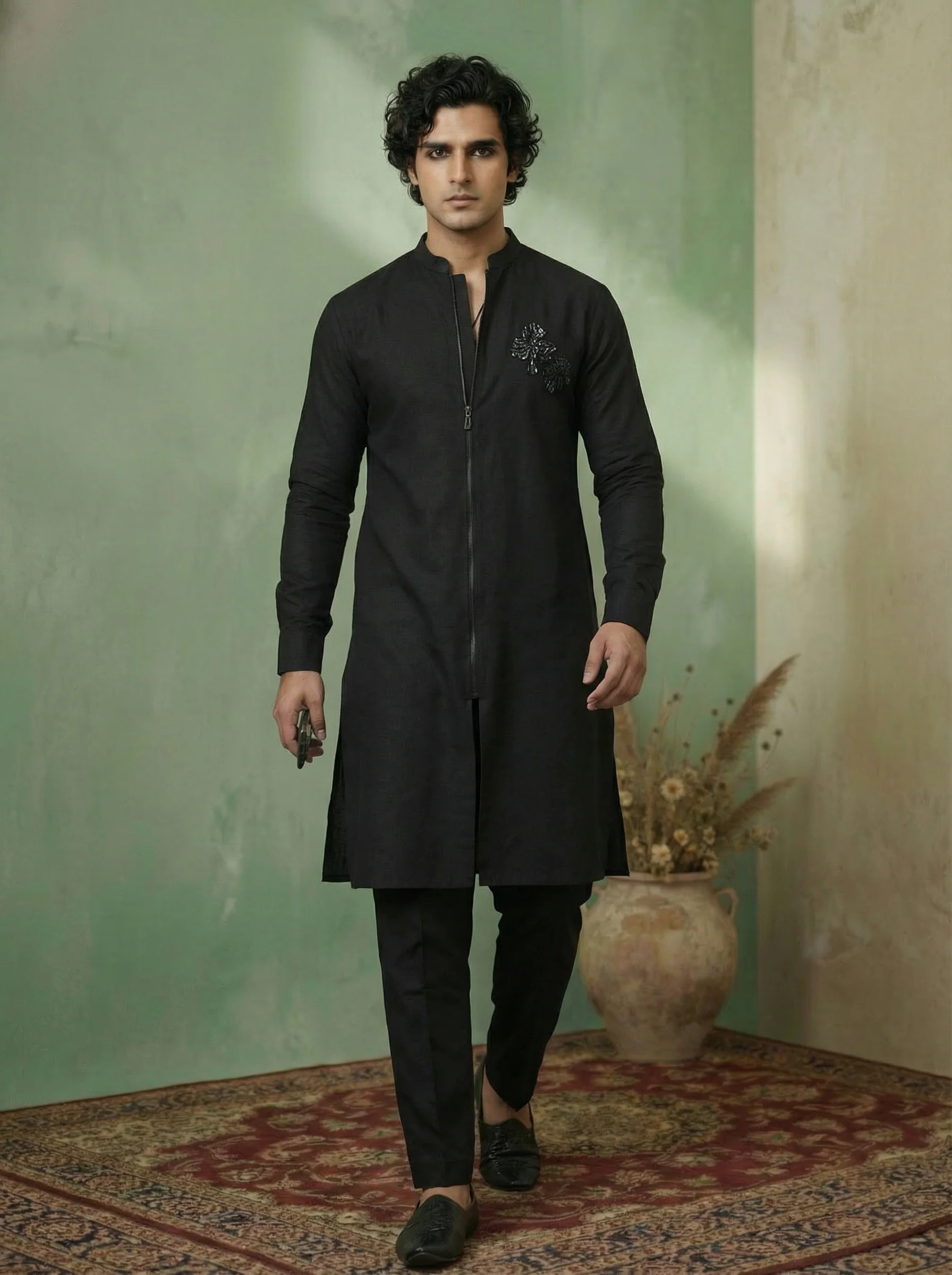 Black Cotton Blend Embroidered Long Kurta