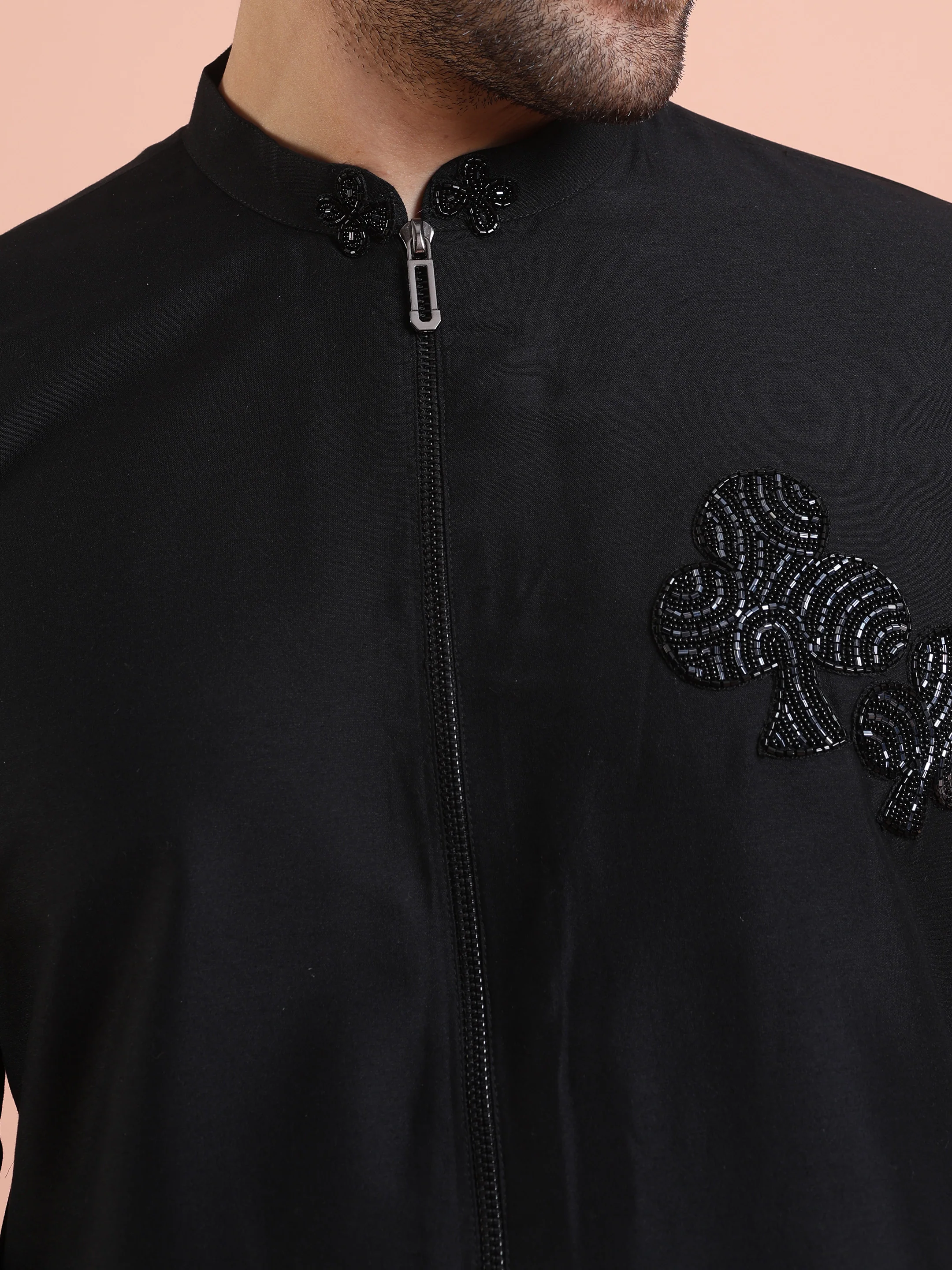 Black Cotton Blend Embroidered Long Kurta - Image 5