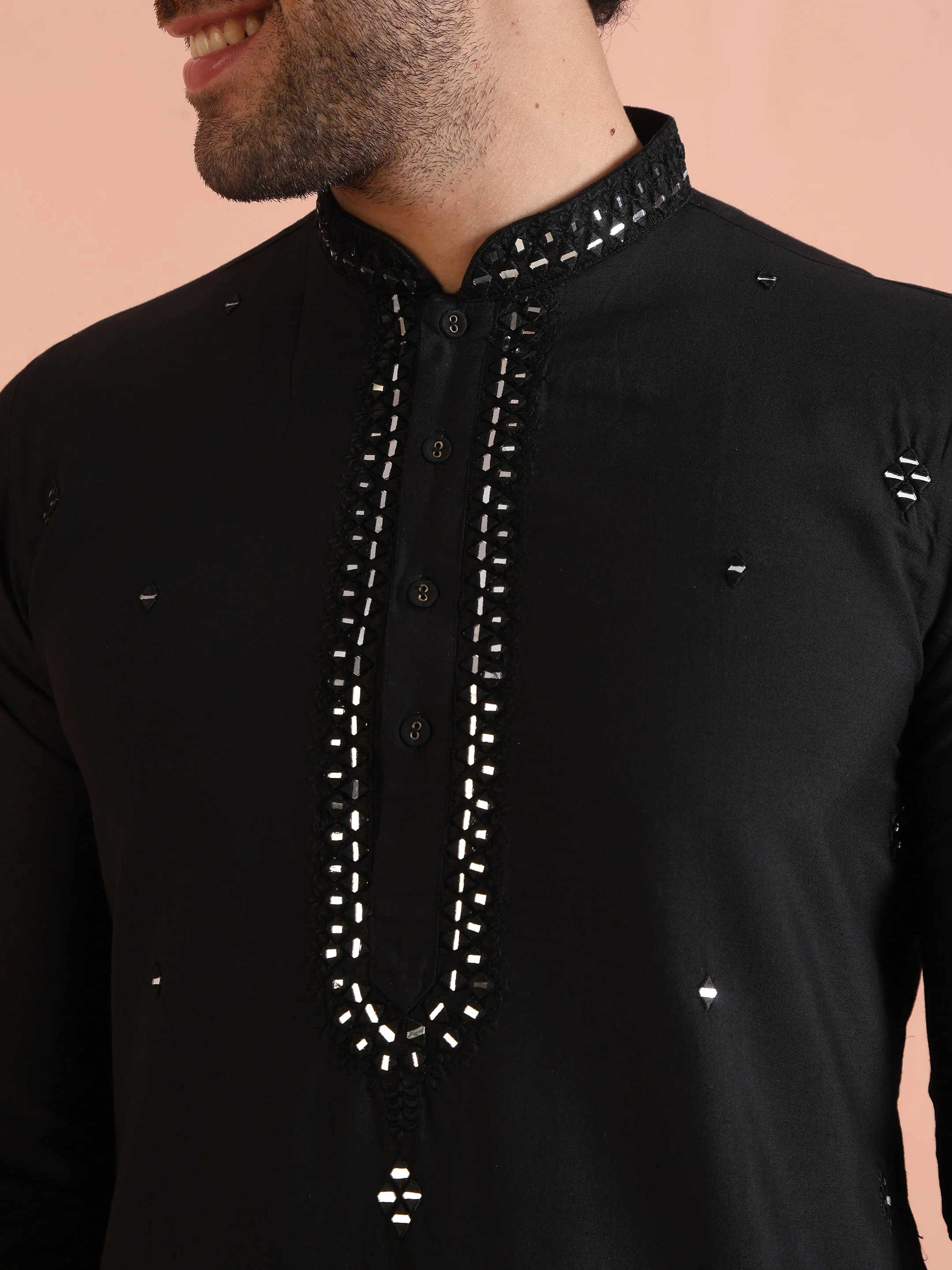 Black Cotton Blend Mirror Work Kurta Trouser Set - Image 5