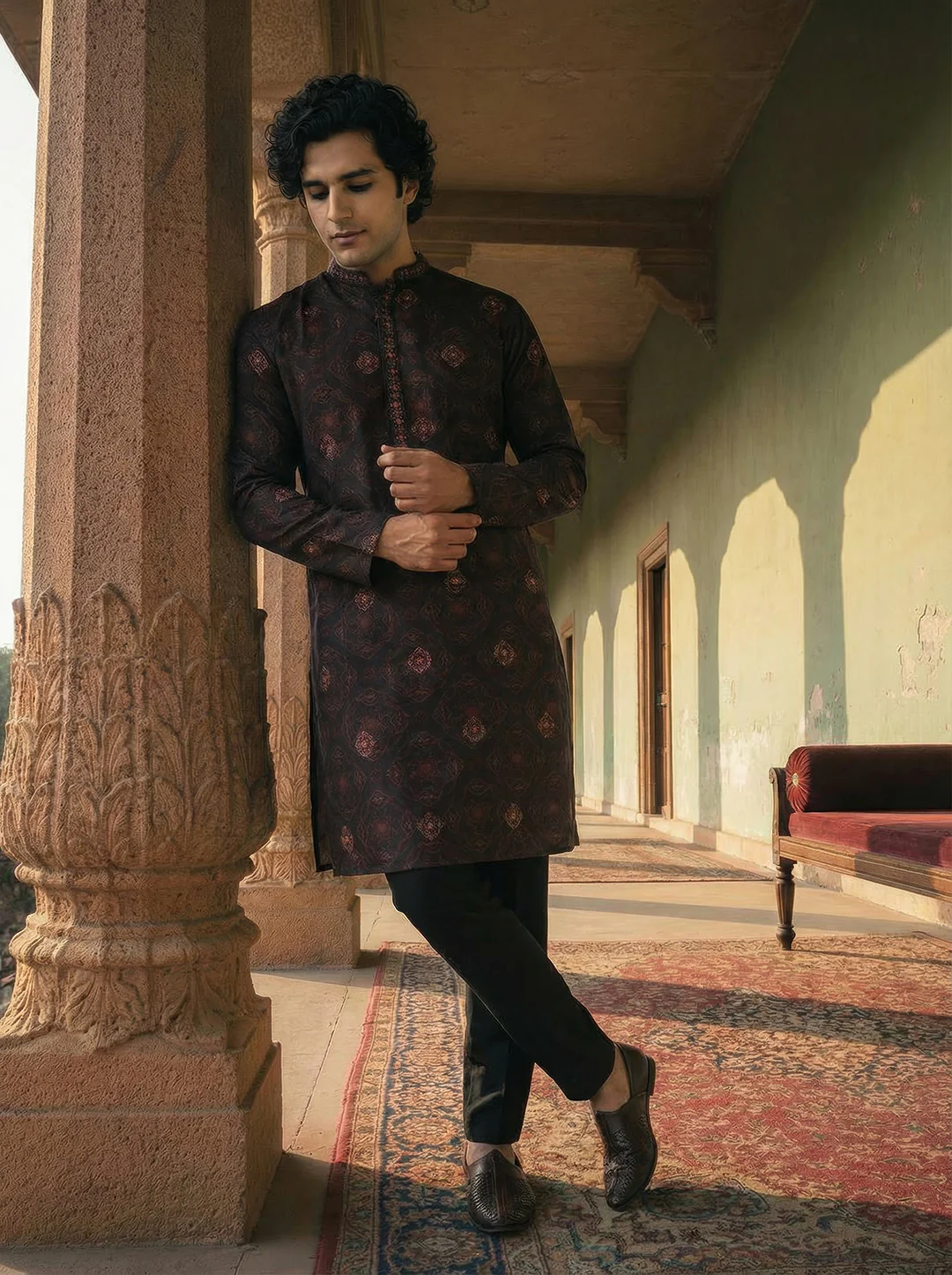 Black Cotton Blend Printed Kurta Trouser Set