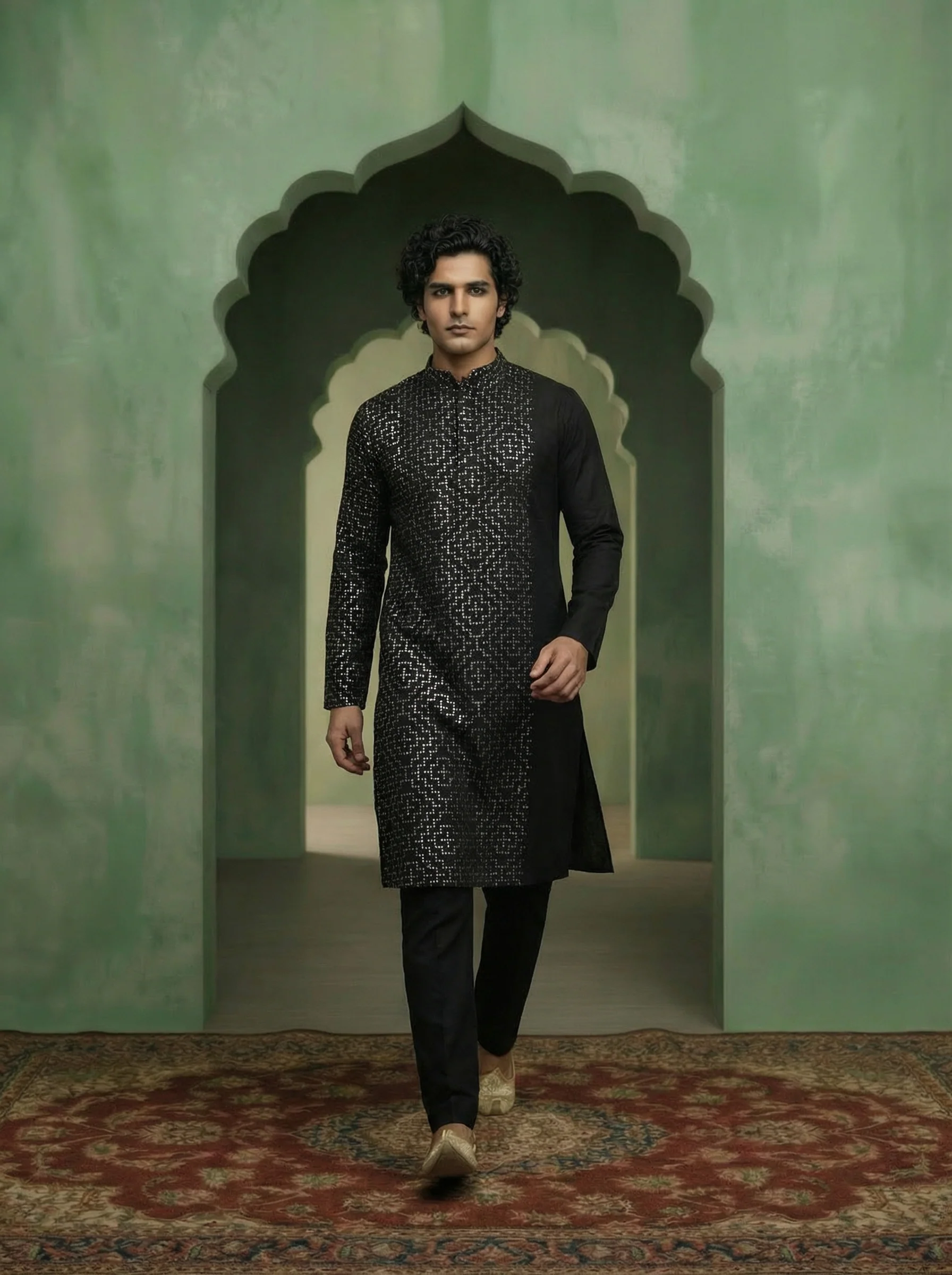 Black Cotton Blend Printed Kurta Trouser Set