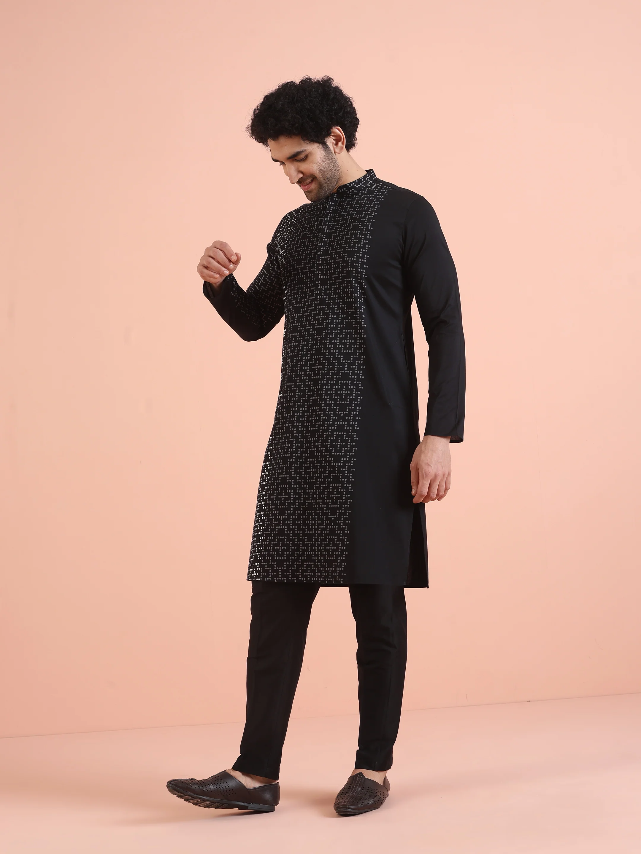 Black Cotton Blend Printed Kurta Trouser Set - Image 3