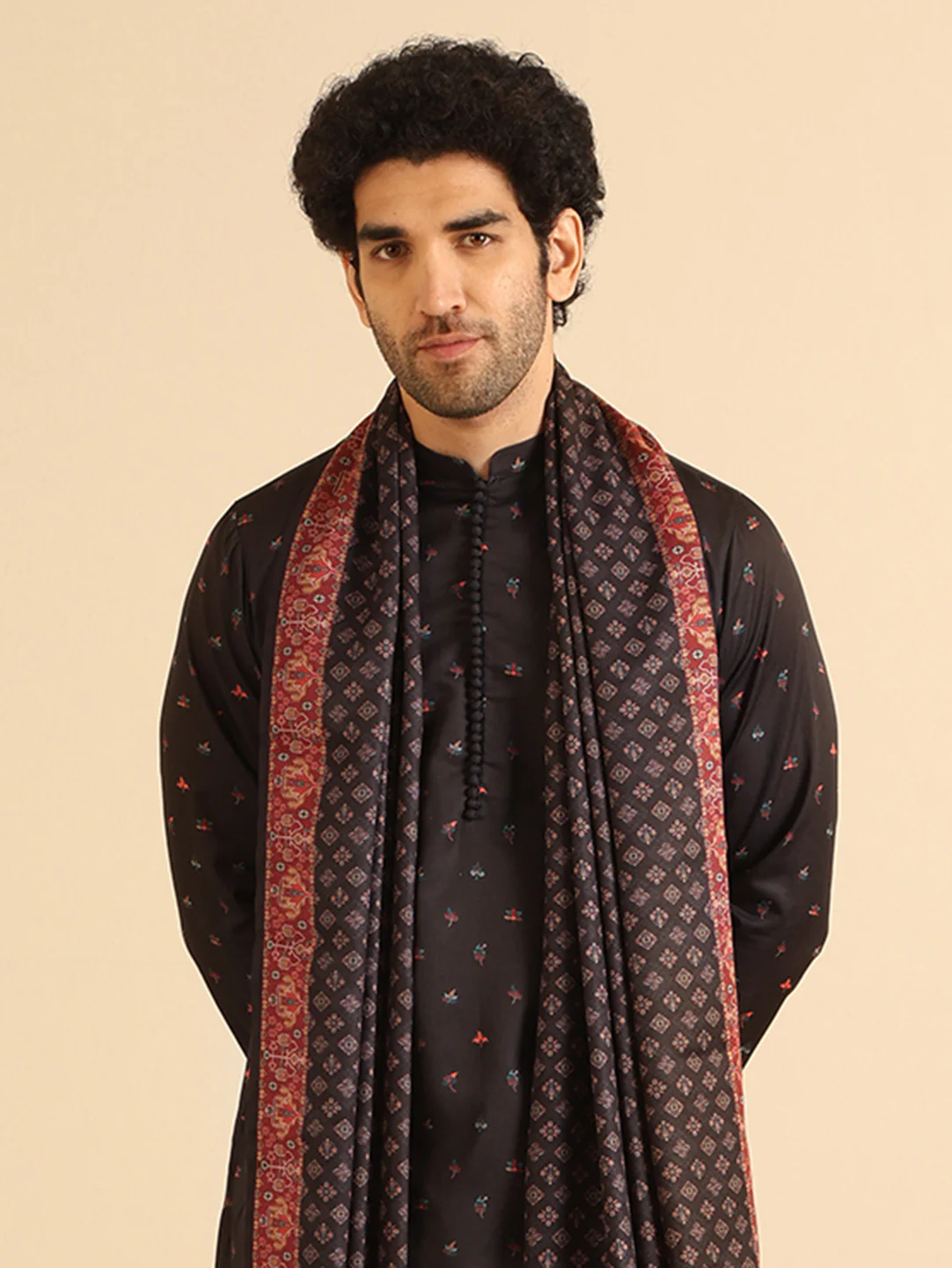 Black Cotton Blend Printed Kurta Wide Leg Trouser Set With Dupatta - Image 4