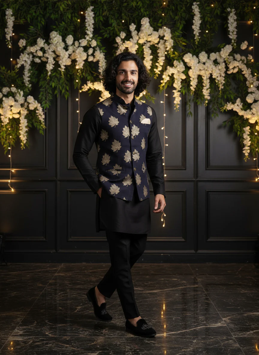 Black Silk Blend Golden Leaf Jacket Kurta Set