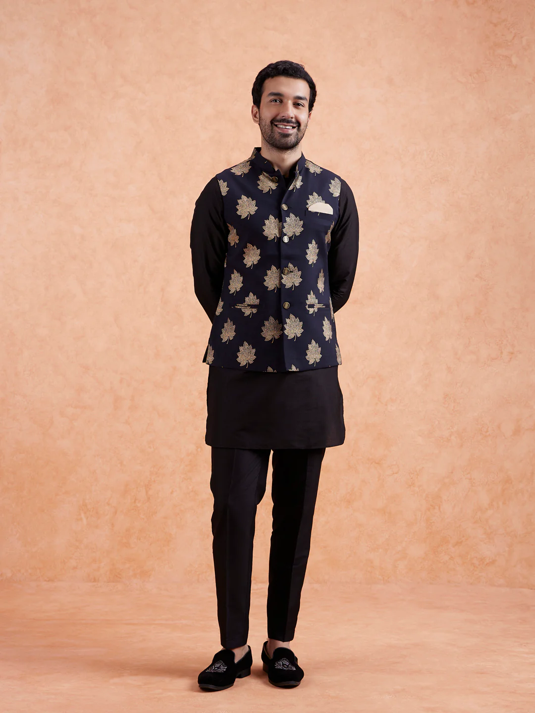 Black Silk Blend Golden Leaf Jacket Kurta Set - Image 10