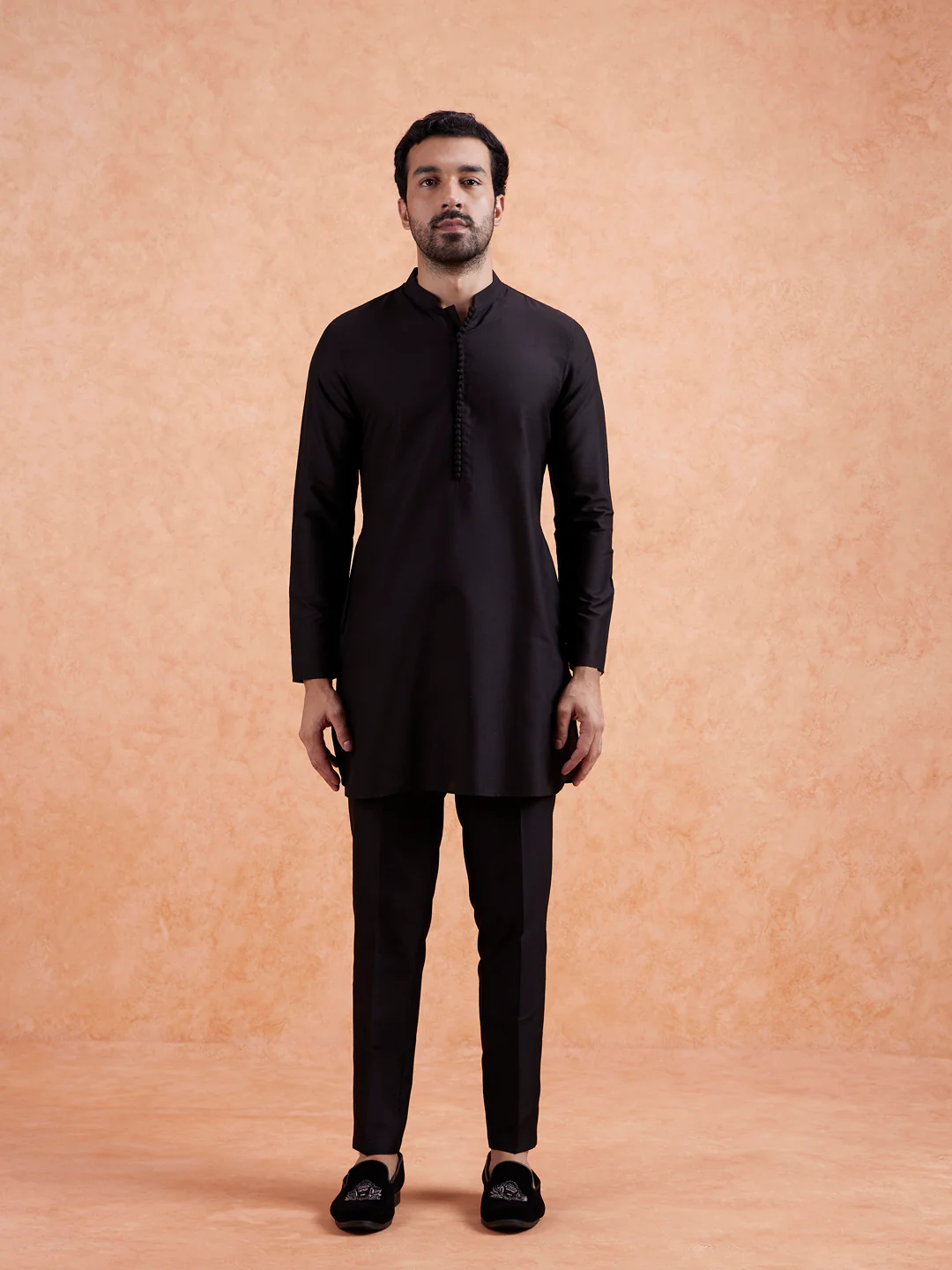 Black Silk Blend Golden Leaf Jacket Kurta Set - Image 9