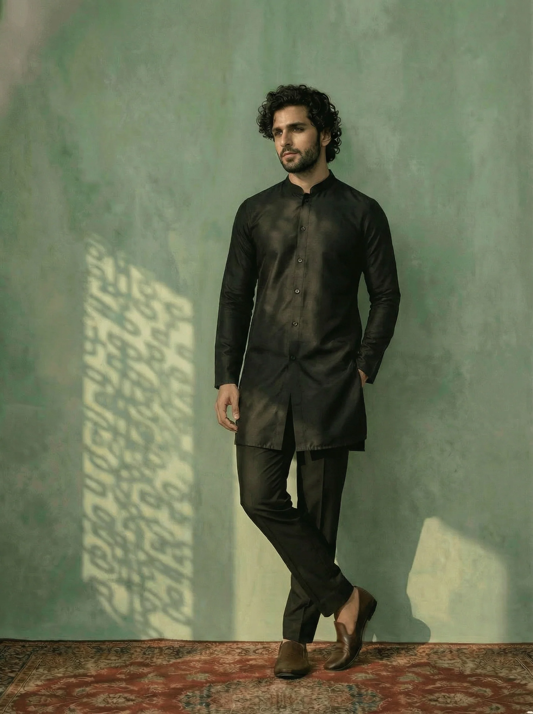 Black Cotton Blend Solid Front Open Mid Kurta