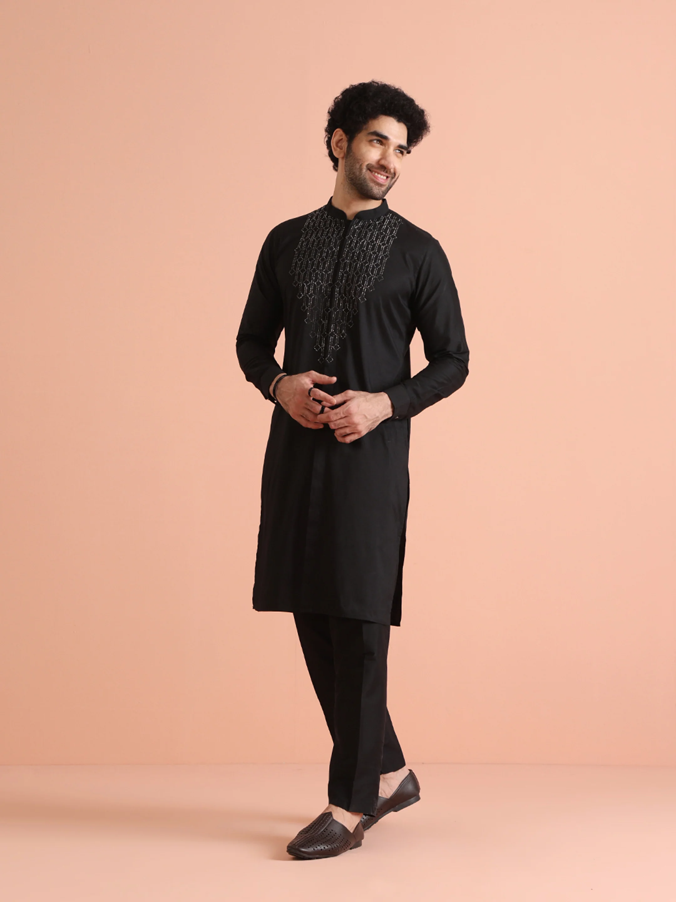 Black Cotton Blend Swarovski Embellished Front Open Kurta Trouser Set - Image 3