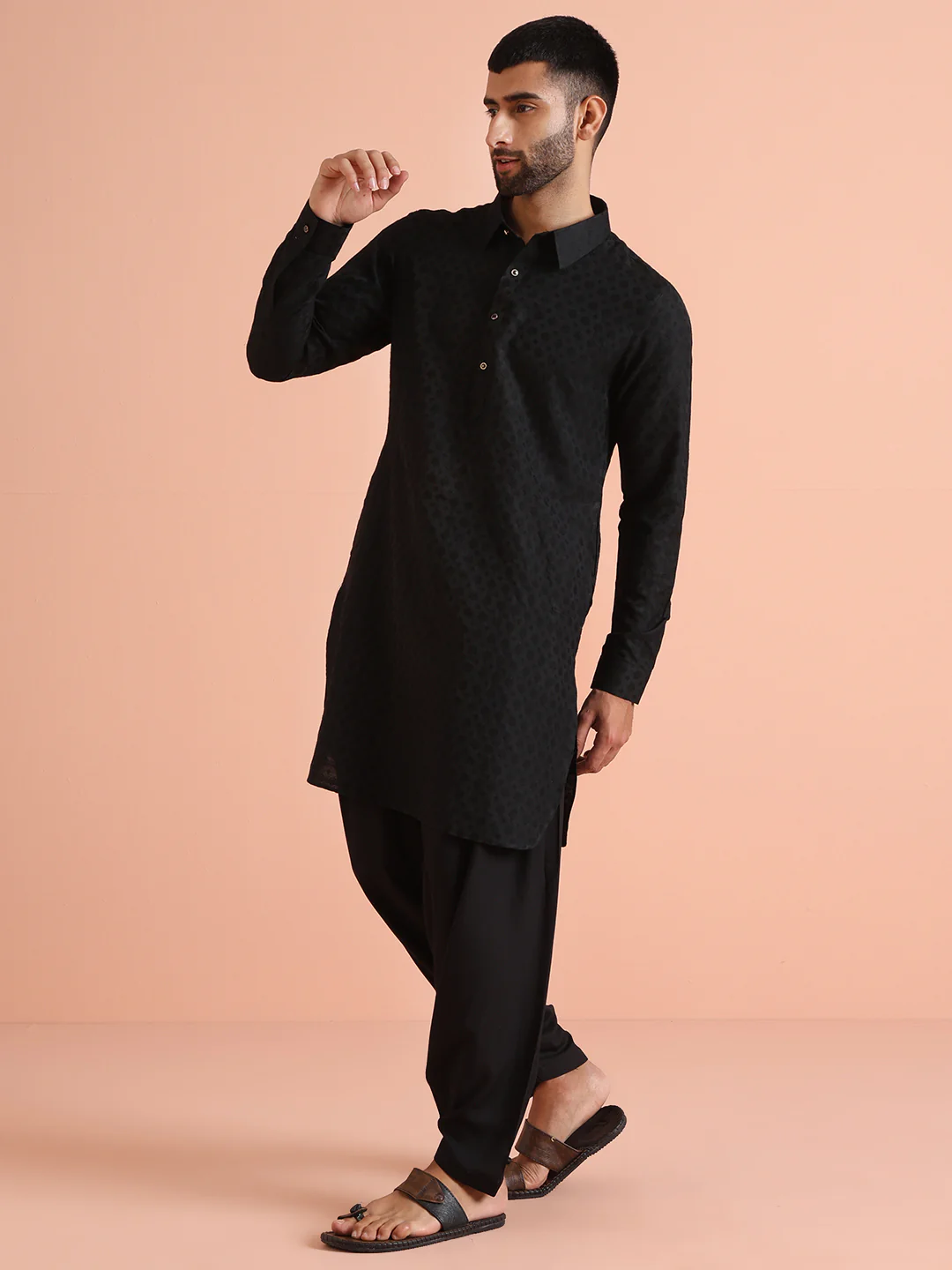 Black Cotton Blend Textured Long Pathani Kurta - Image 2