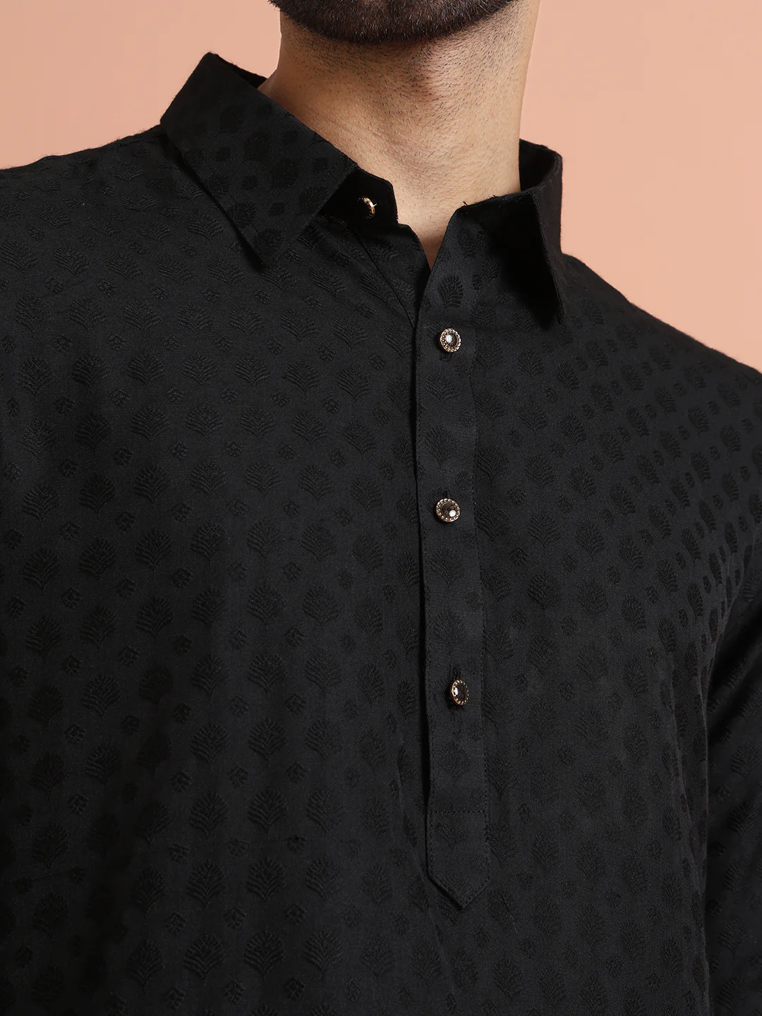 Black Cotton Blend Textured Long Pathani Kurta - Image 5