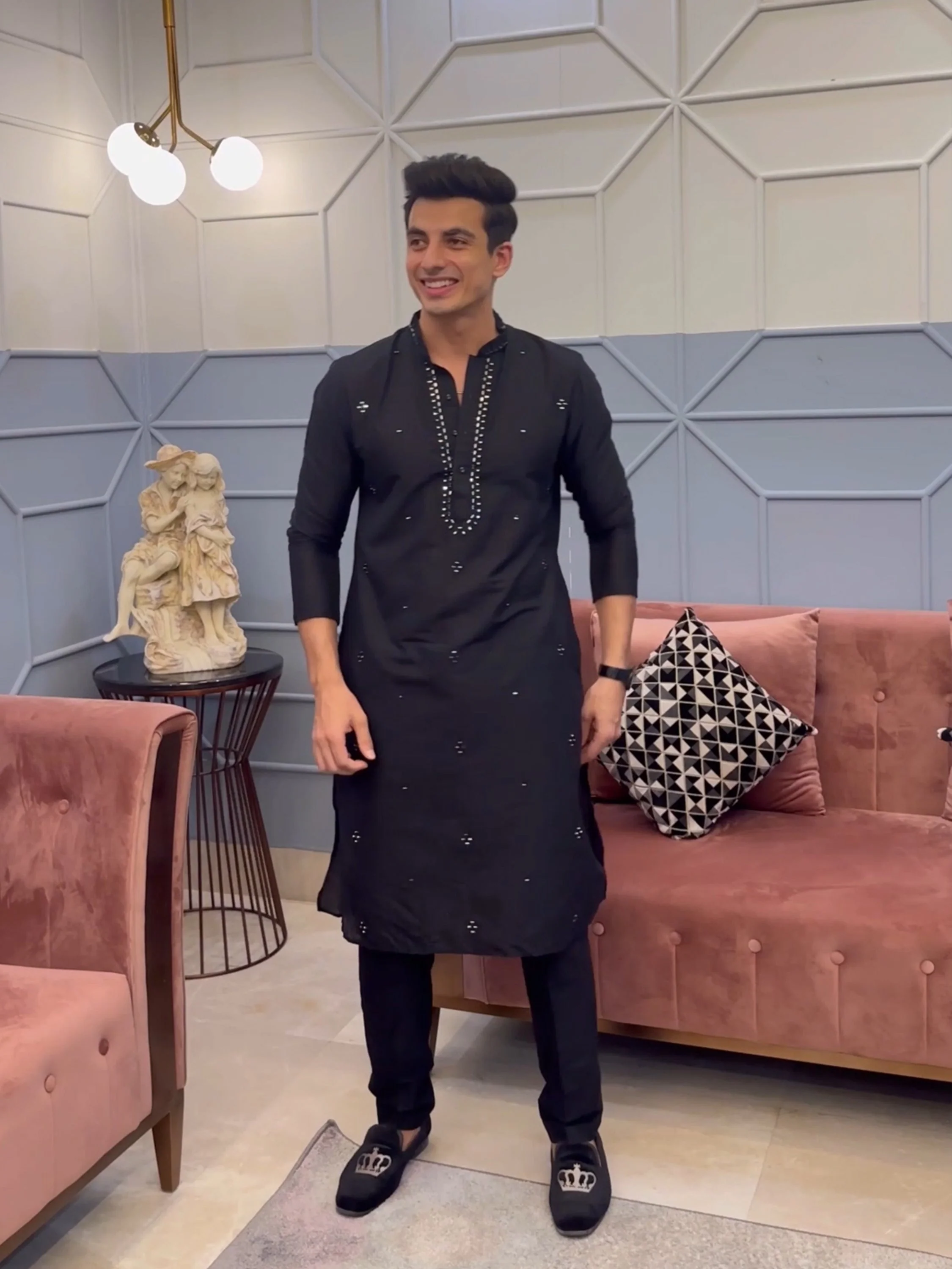 Black Cotton Blend Mirror Work Kurta Trouser Set