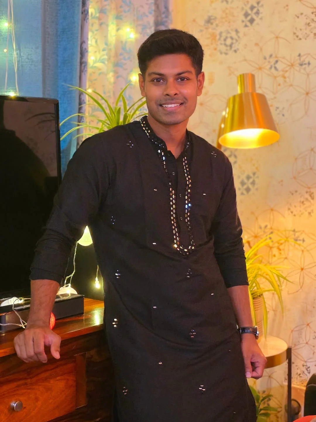 Black Cotton Blend Mirror Work Kurta Trouser Set - Image 2