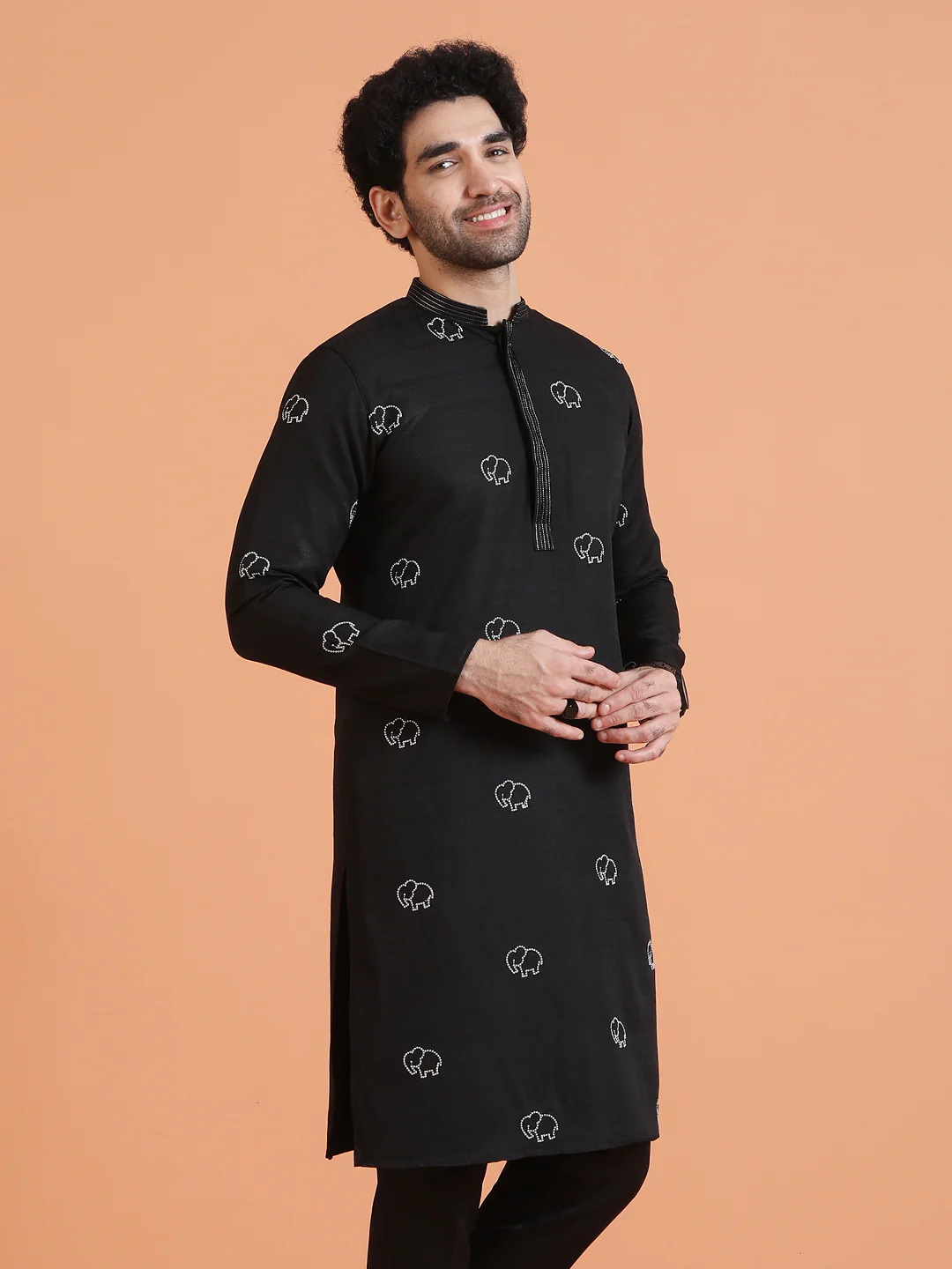 Black Cotton Silk Embroidered Kurta