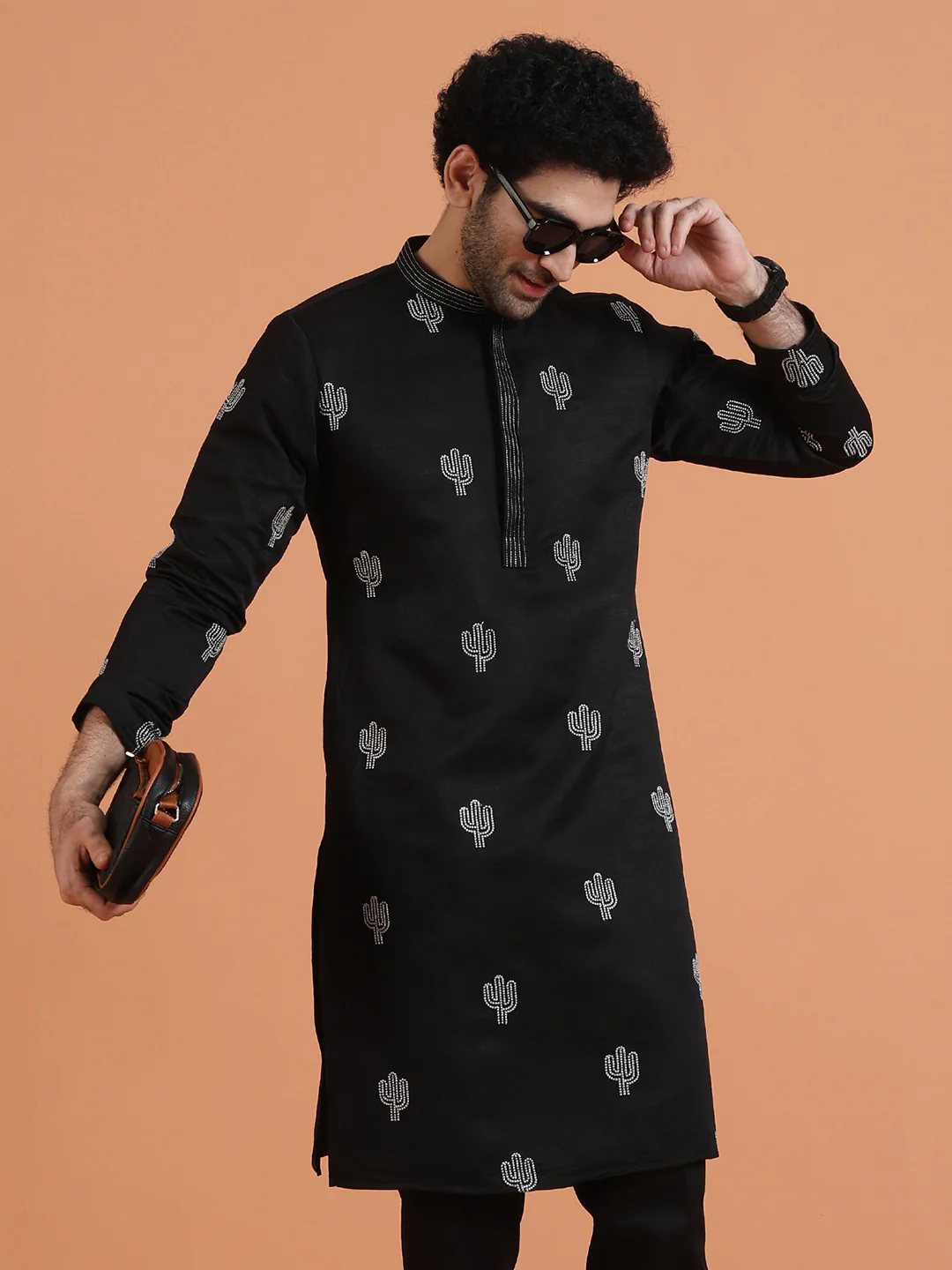 Black Cotton Silk Embroidered Kurta