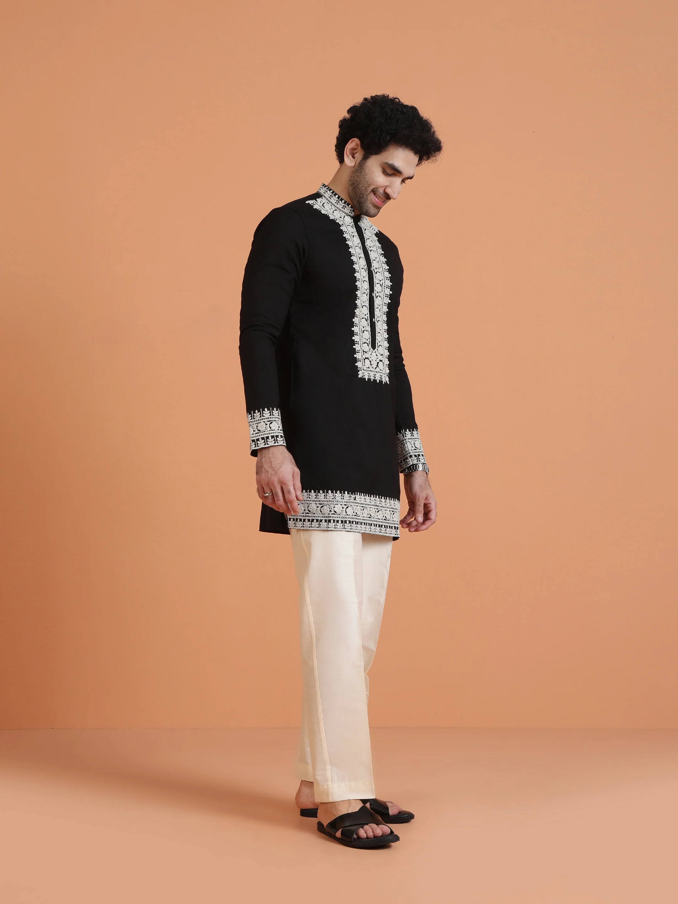 Black Cotton Silk Embroidered Mid Kurta - Image 3