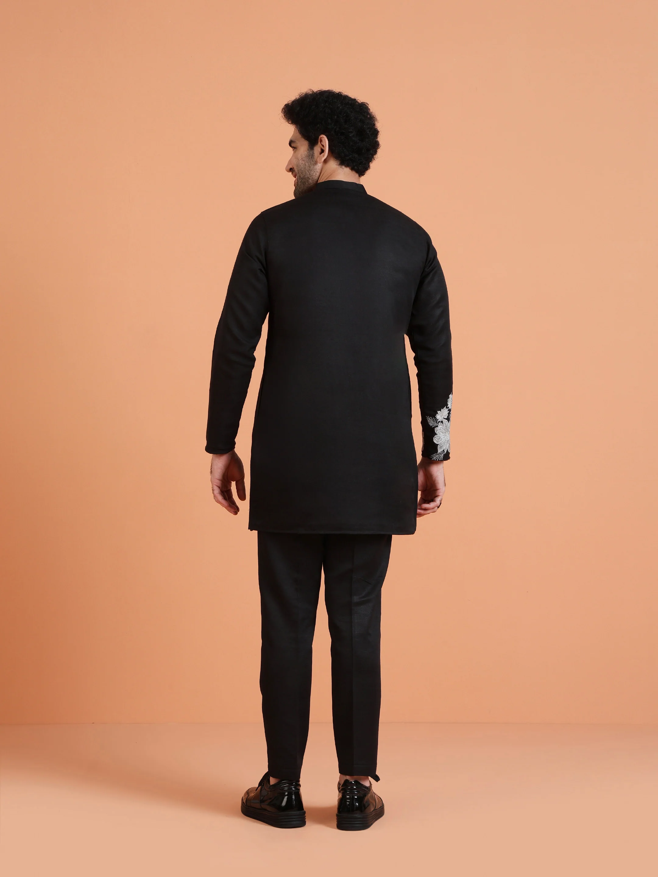 Black Cotton Silk Floral Embroidered Kurta - Image 4
