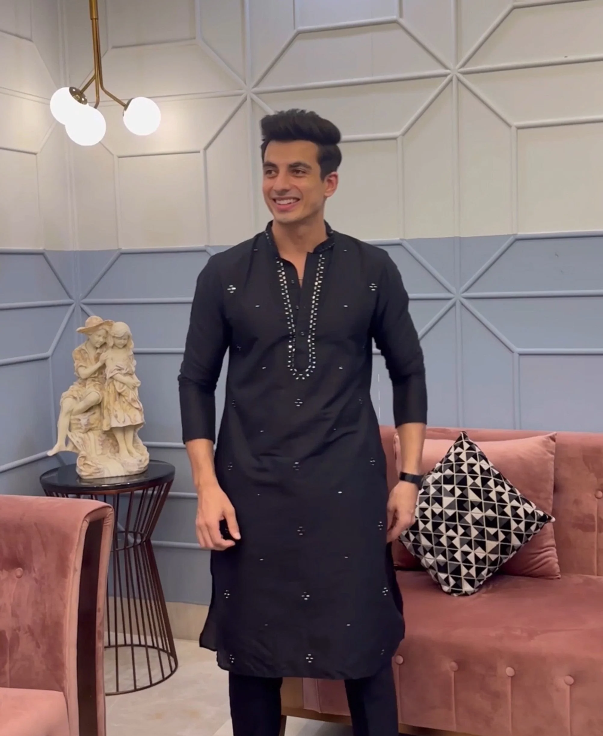 Black Cotton Blend Mirror Work Kurta - Image 8