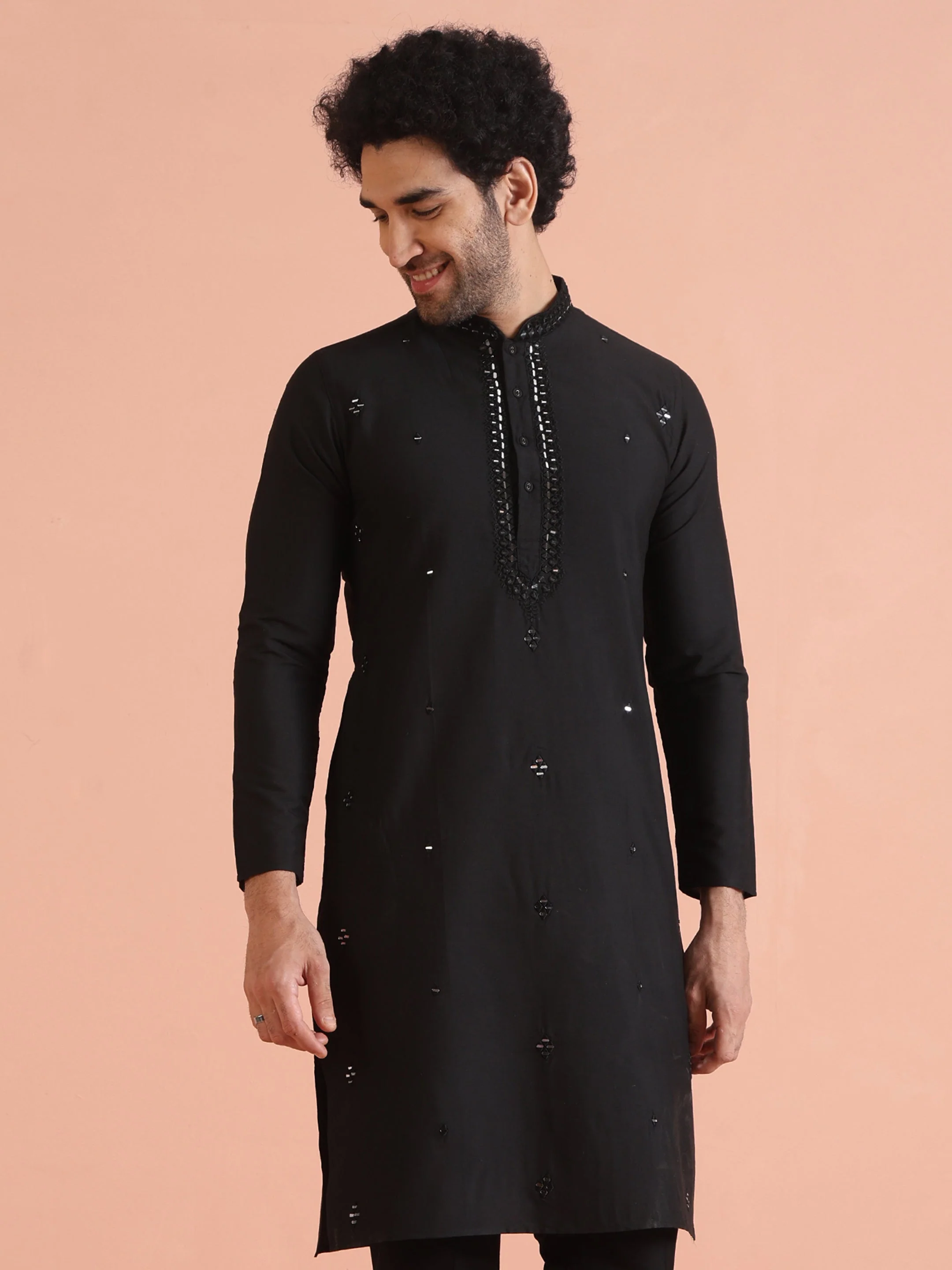 Black Cotton Blend Mirror Work Kurta - Image 9