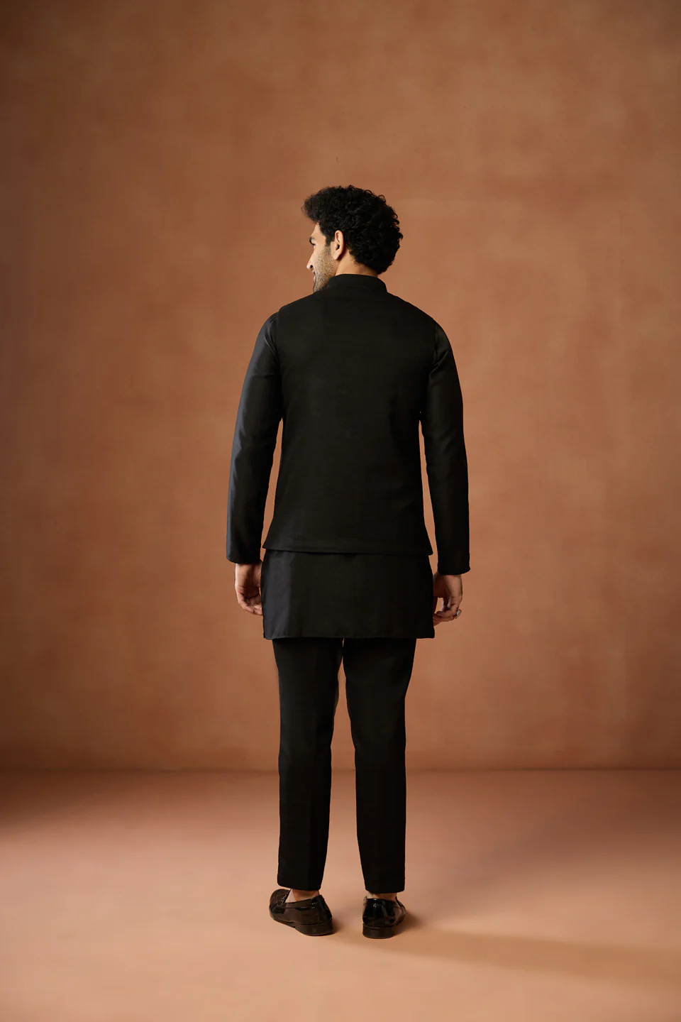 Black Embroidered Kurta Jacket Trouser Set - Image 4