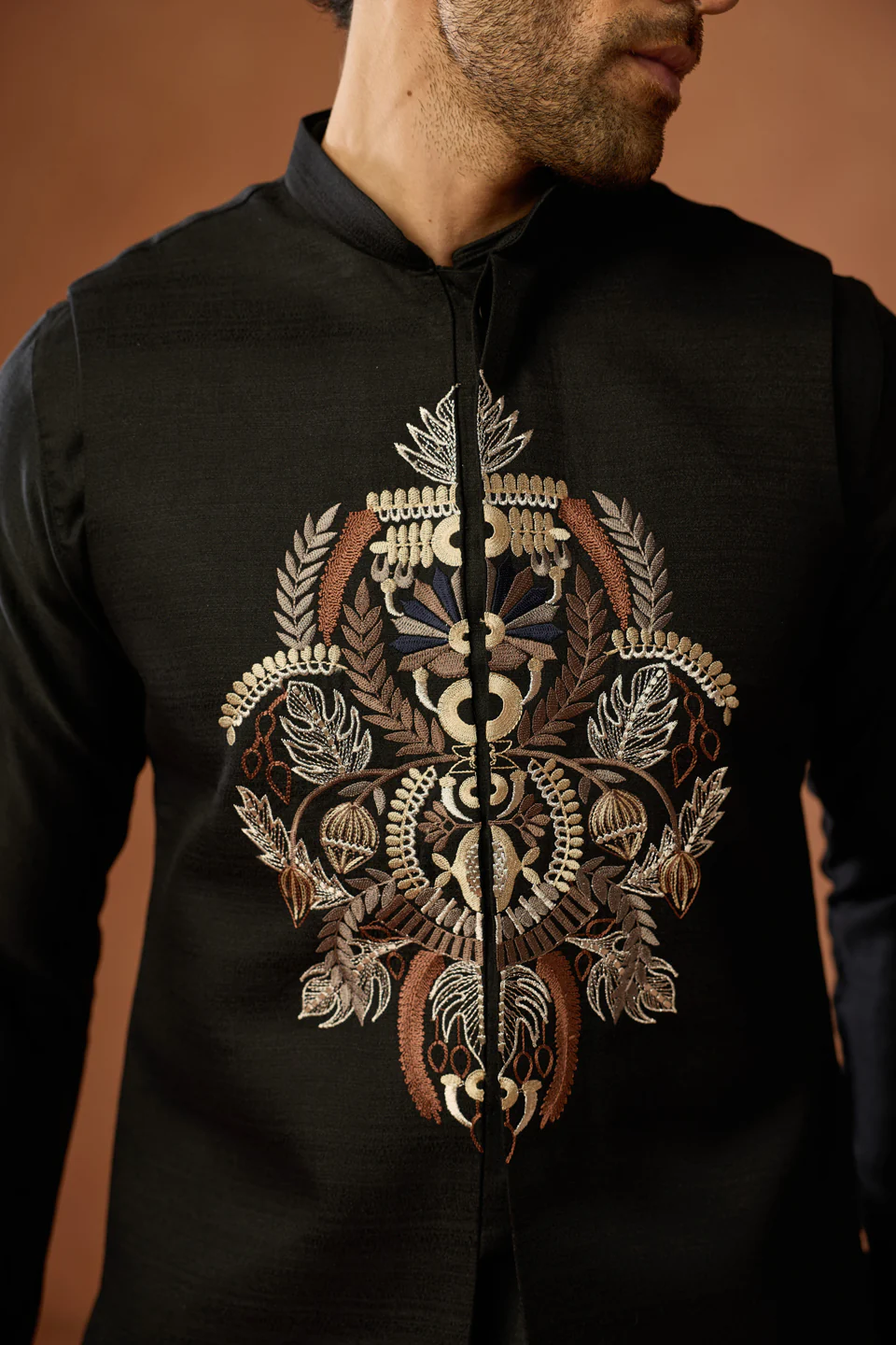 Black Embroidered Kurta Jacket Trouser Set - Image 5
