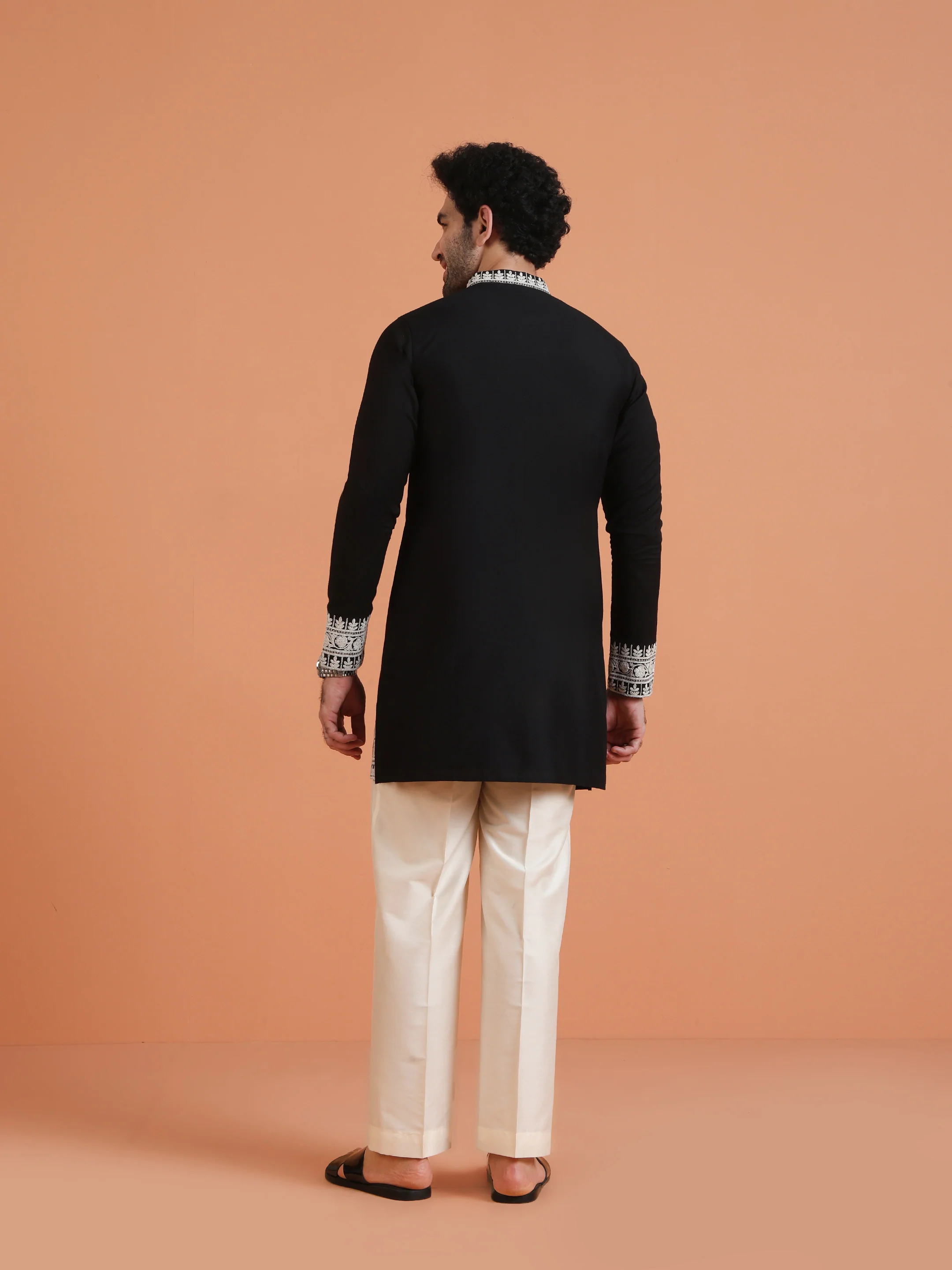 Black Embroidered Kurta with Cream Trouser Set - Image 4