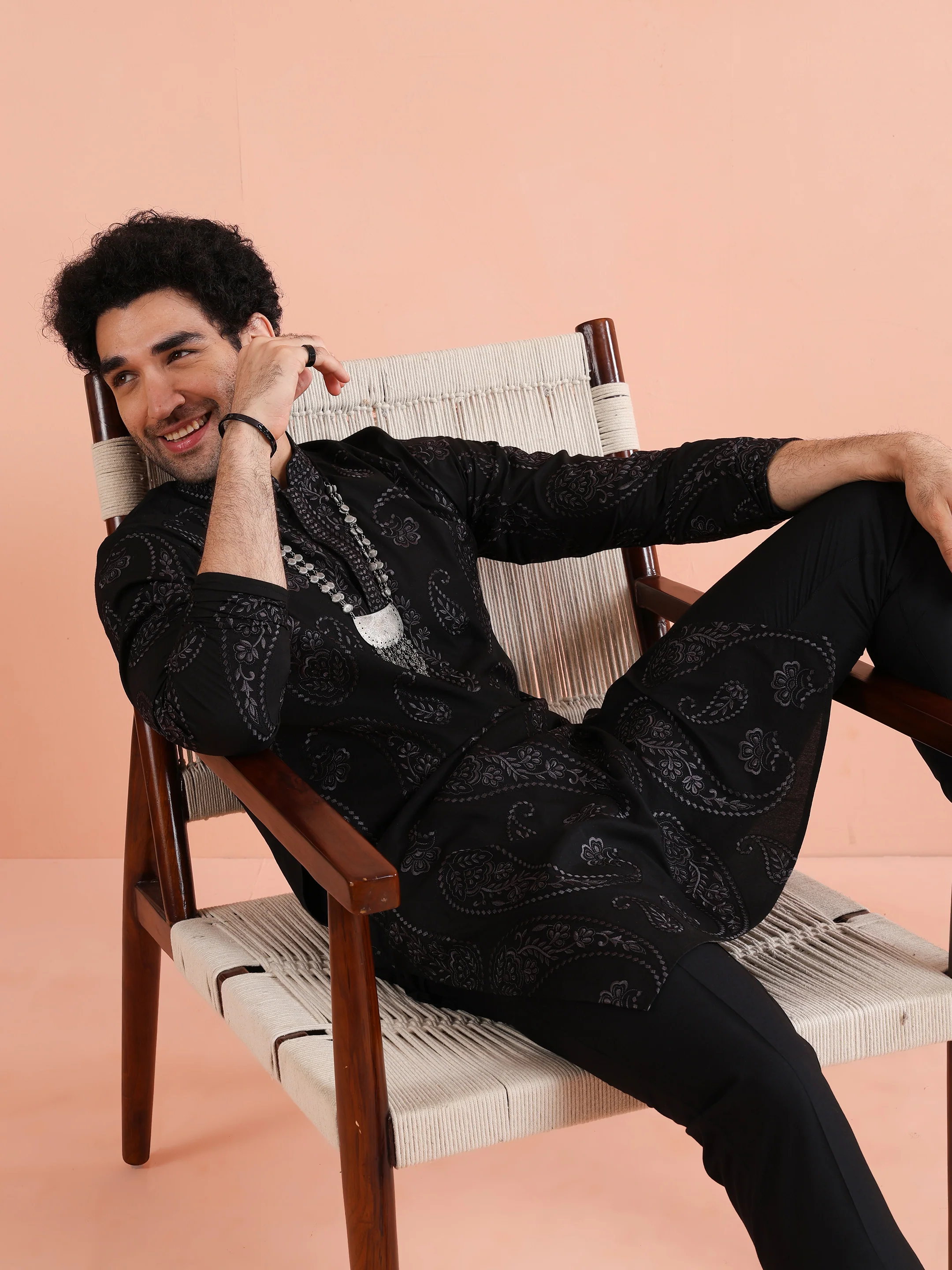 Black Embroidered Silk Blend Kurta