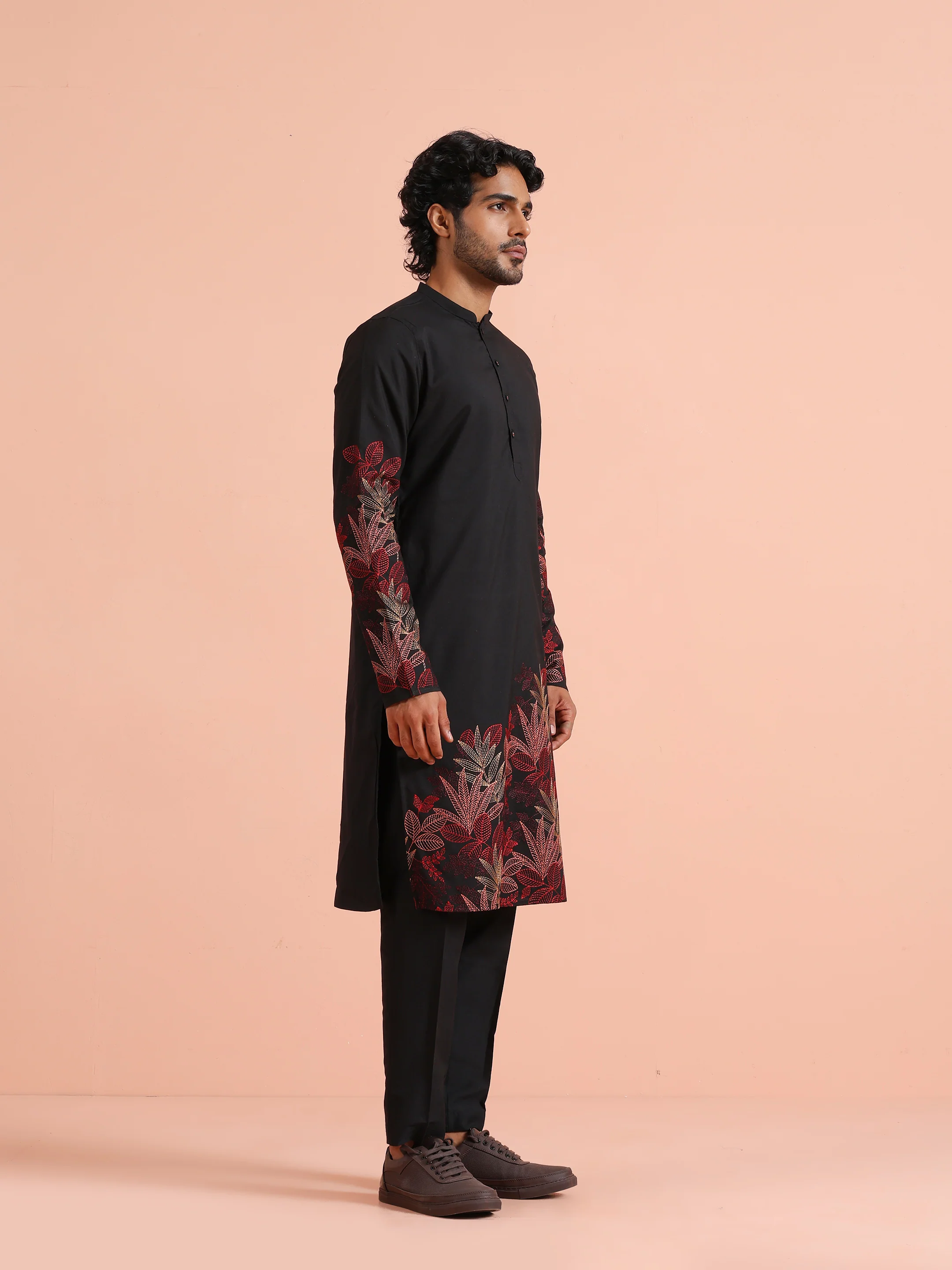 Black Floral Embroidered Kurta Trouser Set - Image 3