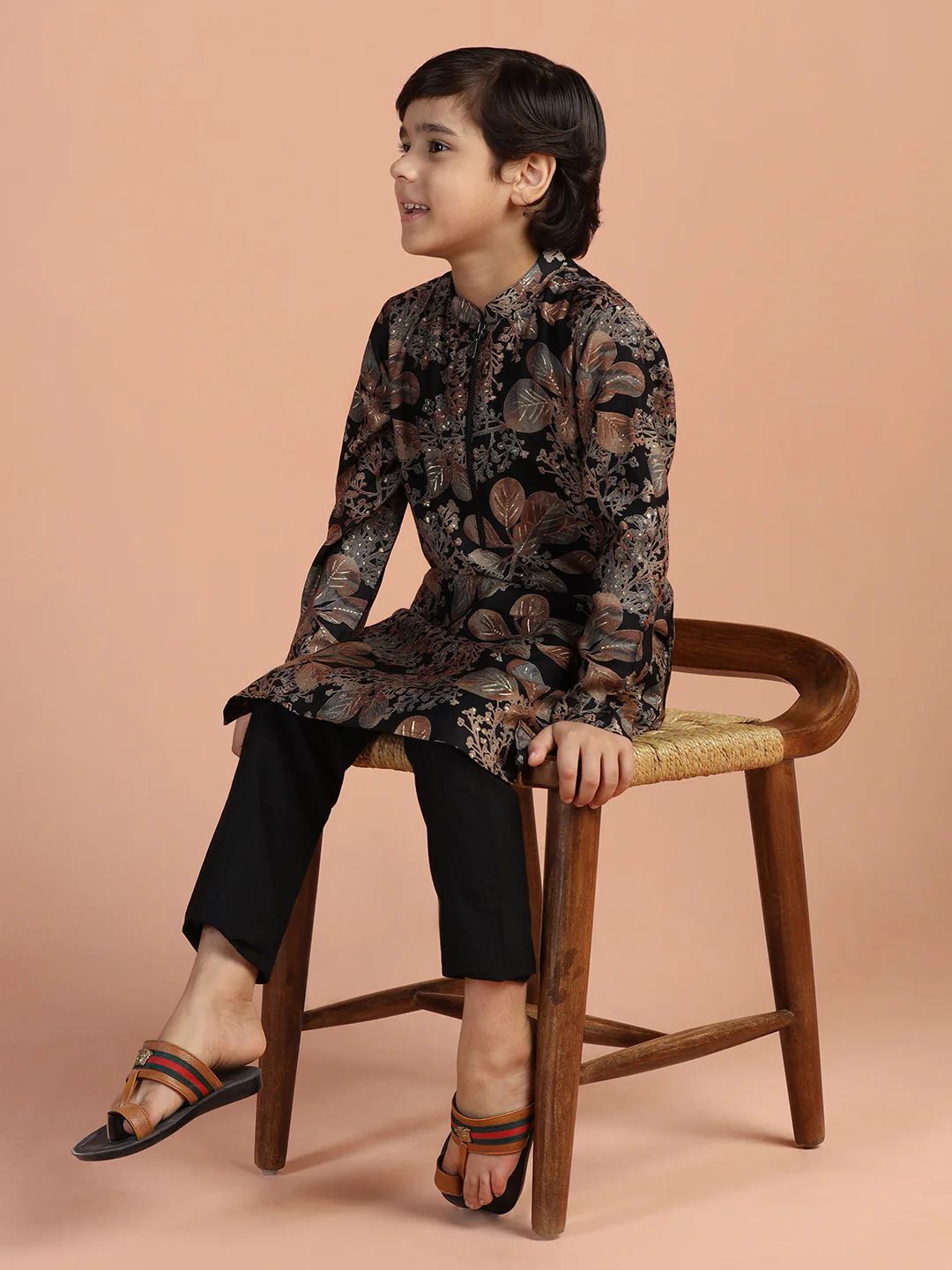 Black Floral Kids Kurta Set
