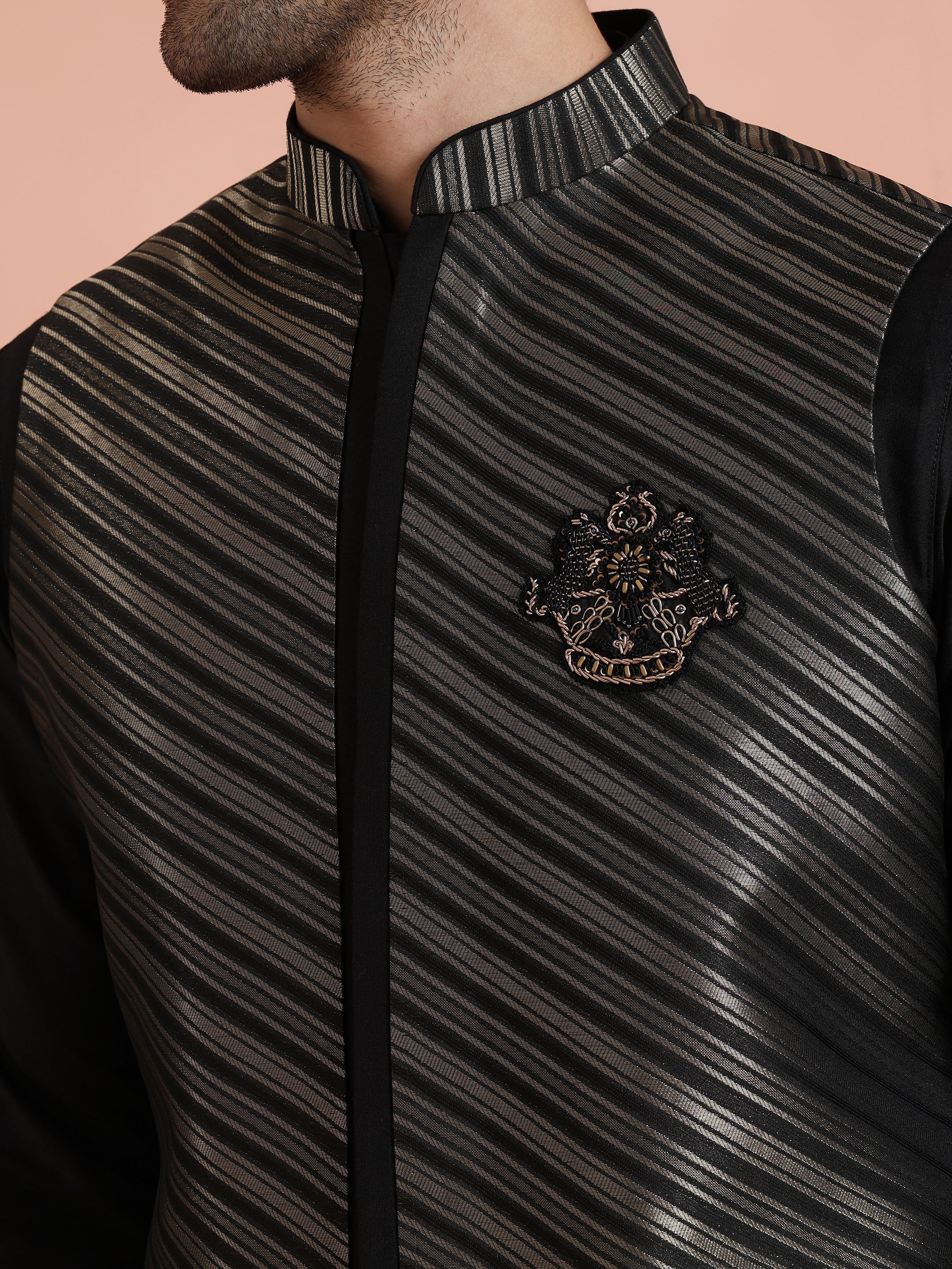 Black & Gold Striped Nehru Jacket – Stylish Festive - Image 5