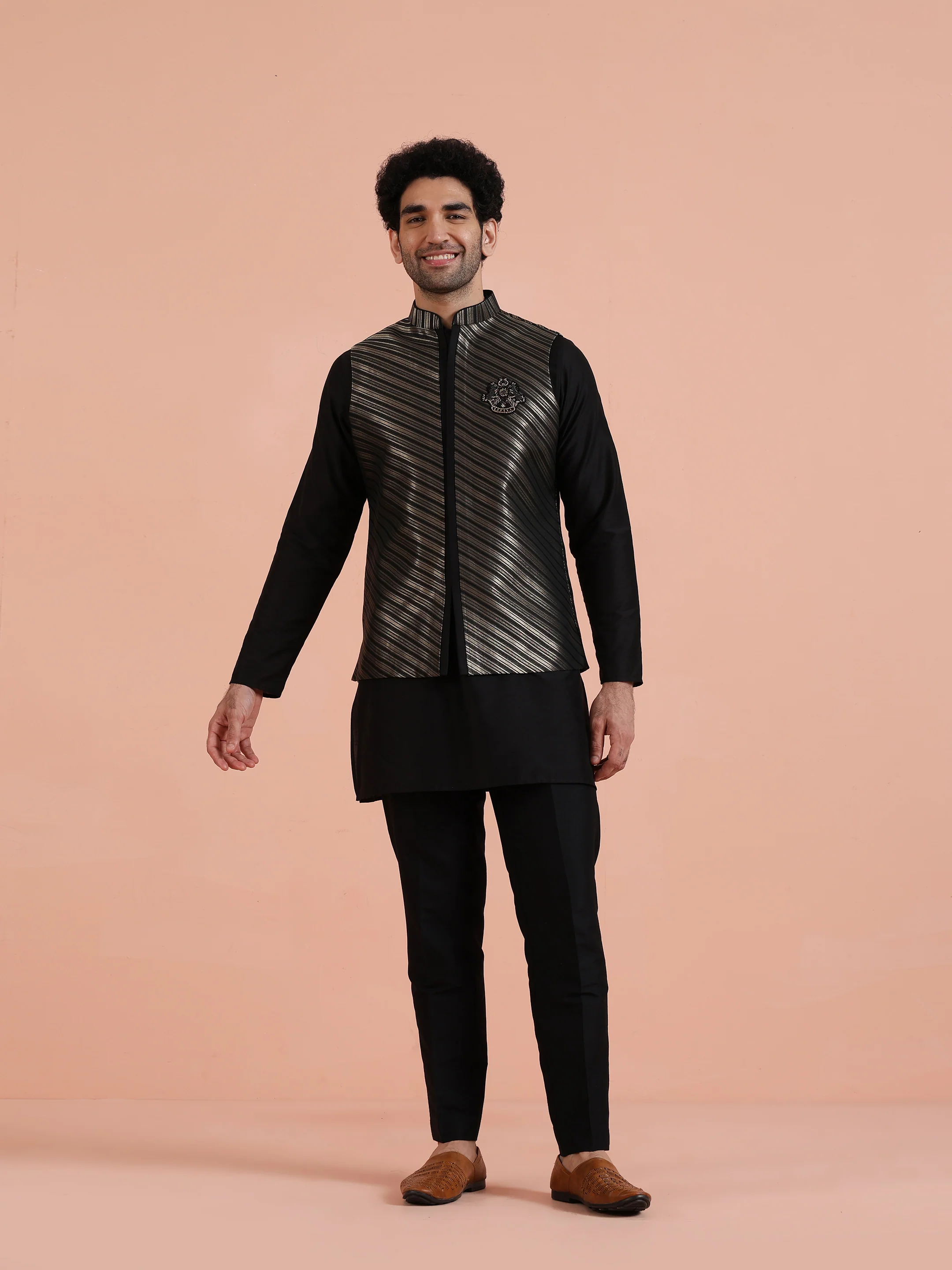Black & Gold Striped Nehru Jacket – Stylish Festive - Image 7