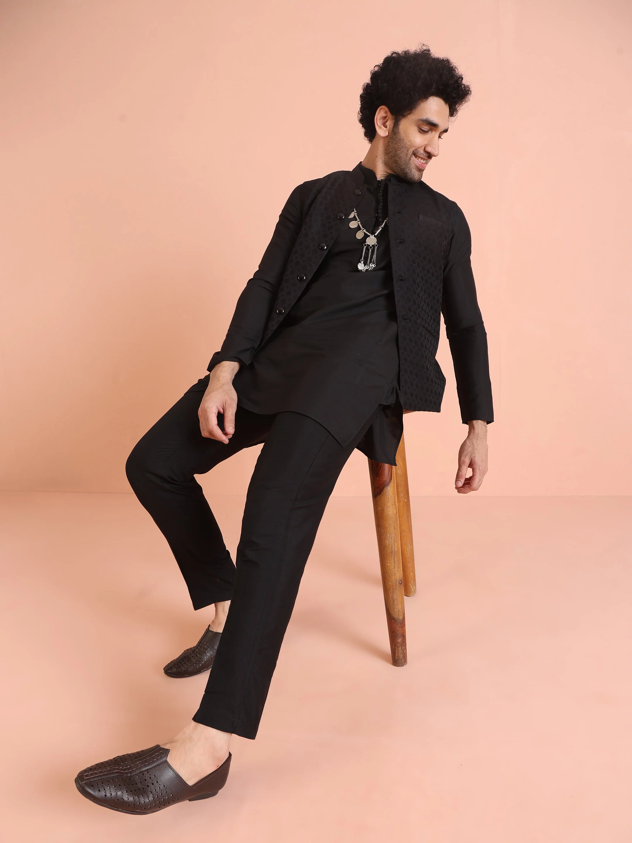 Black Jacquard Woven Jacket Kurta Trouser Set