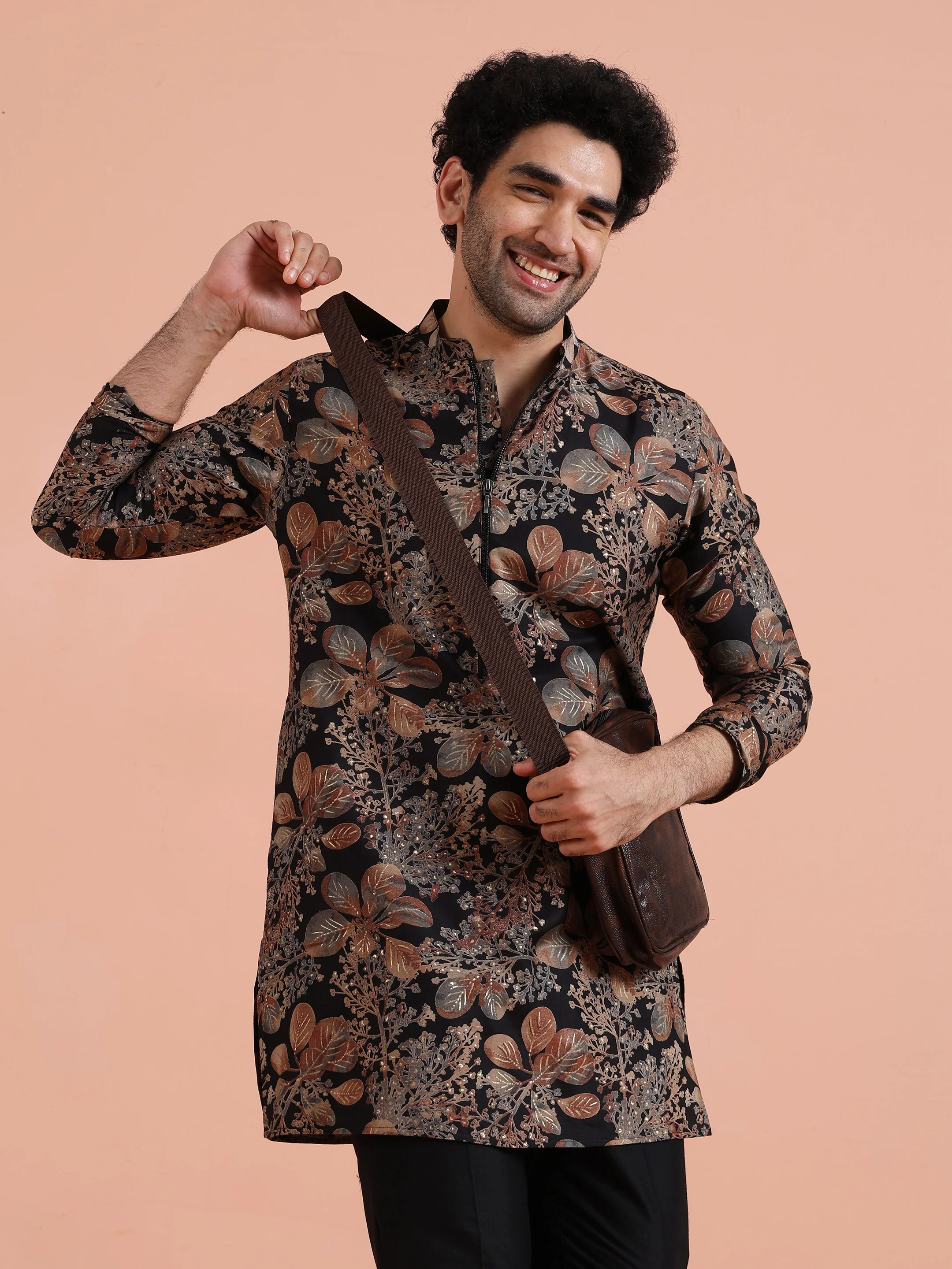 Black Kurta with Golden Floral Print